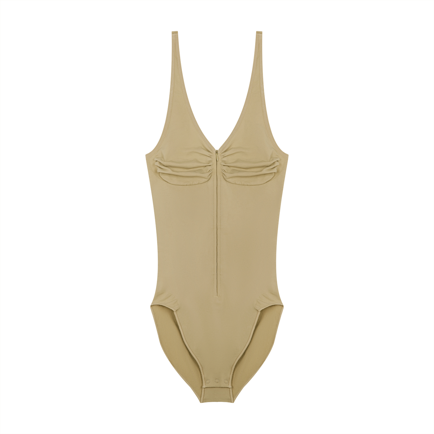BLANKZ Full-Zip Ruched Bodysuit — Khaki, front view