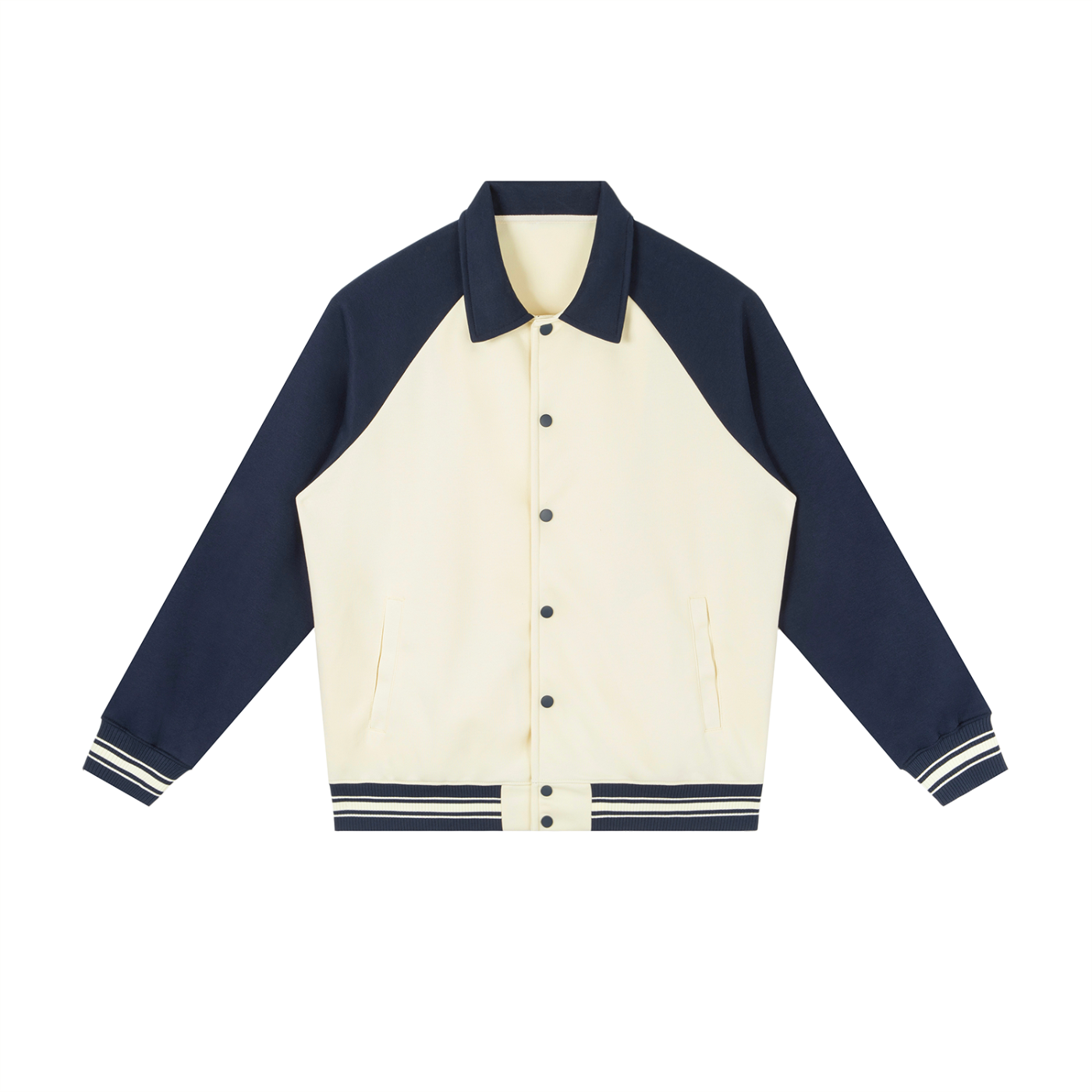 BLANKZ Contrast Raglan Sleeve Baseball Jacket — Apricot with Navy Blue — front view