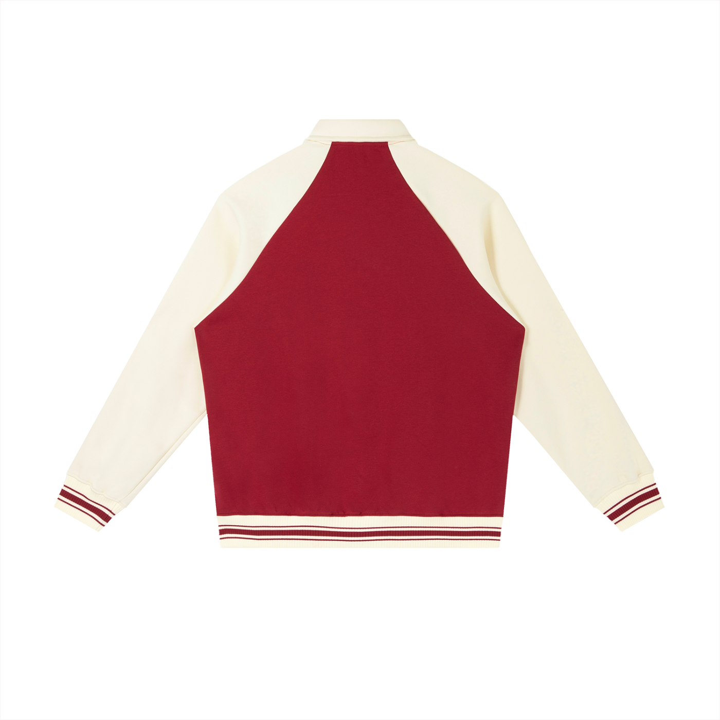 BLANKZ Contrast Raglan Sleeve Baseball Jacket — Garnet with Apricot — back view
