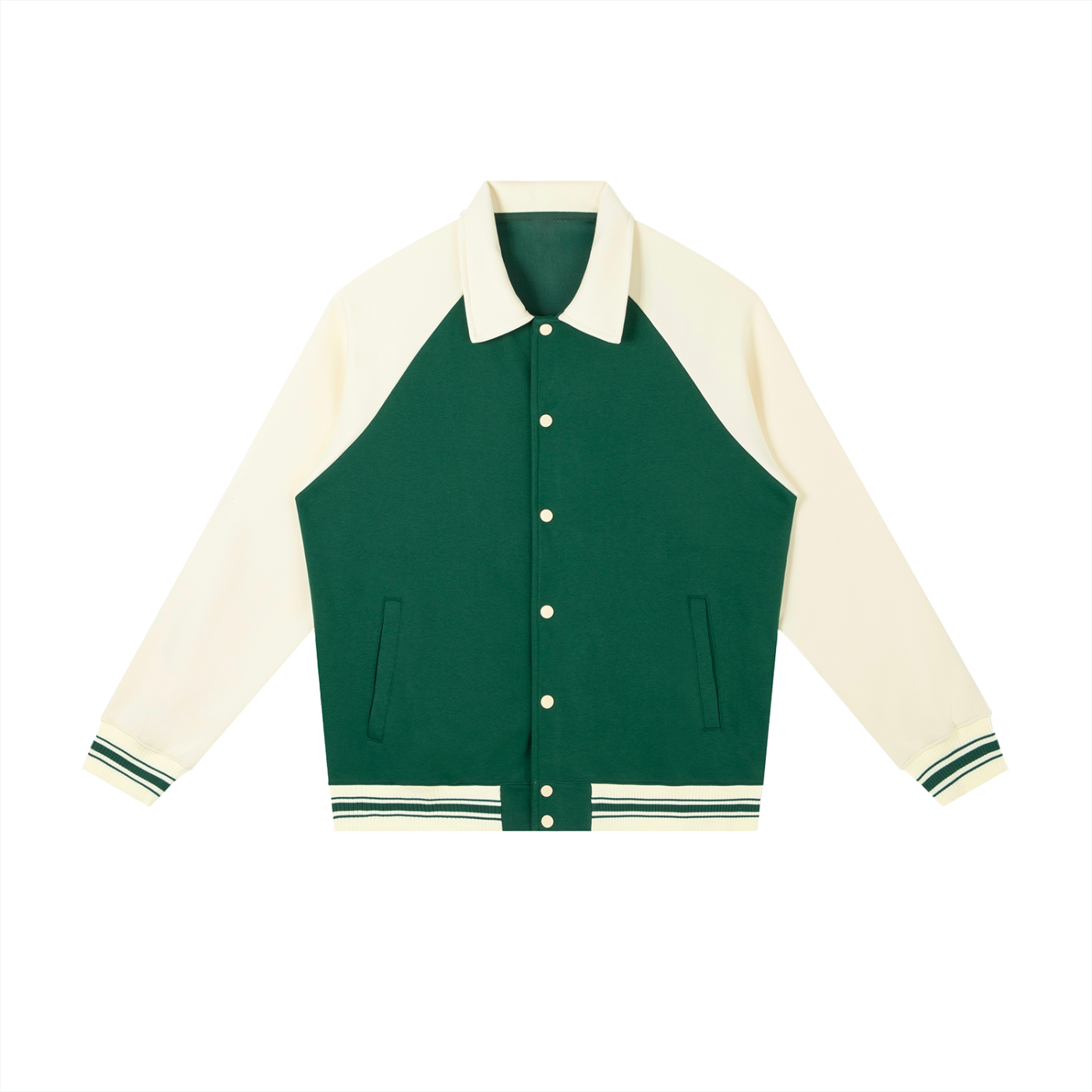 BLANKZ Contrast Raglan Sleeve Baseball Jacket — Green with Apricot — front view
