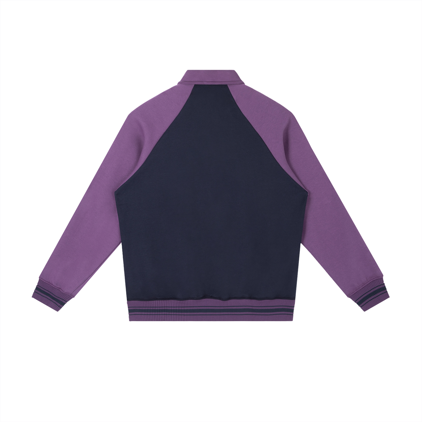 BLANKZ Contrast Raglan Sleeve Baseball Jacket — Navy Blue with Purple — back view