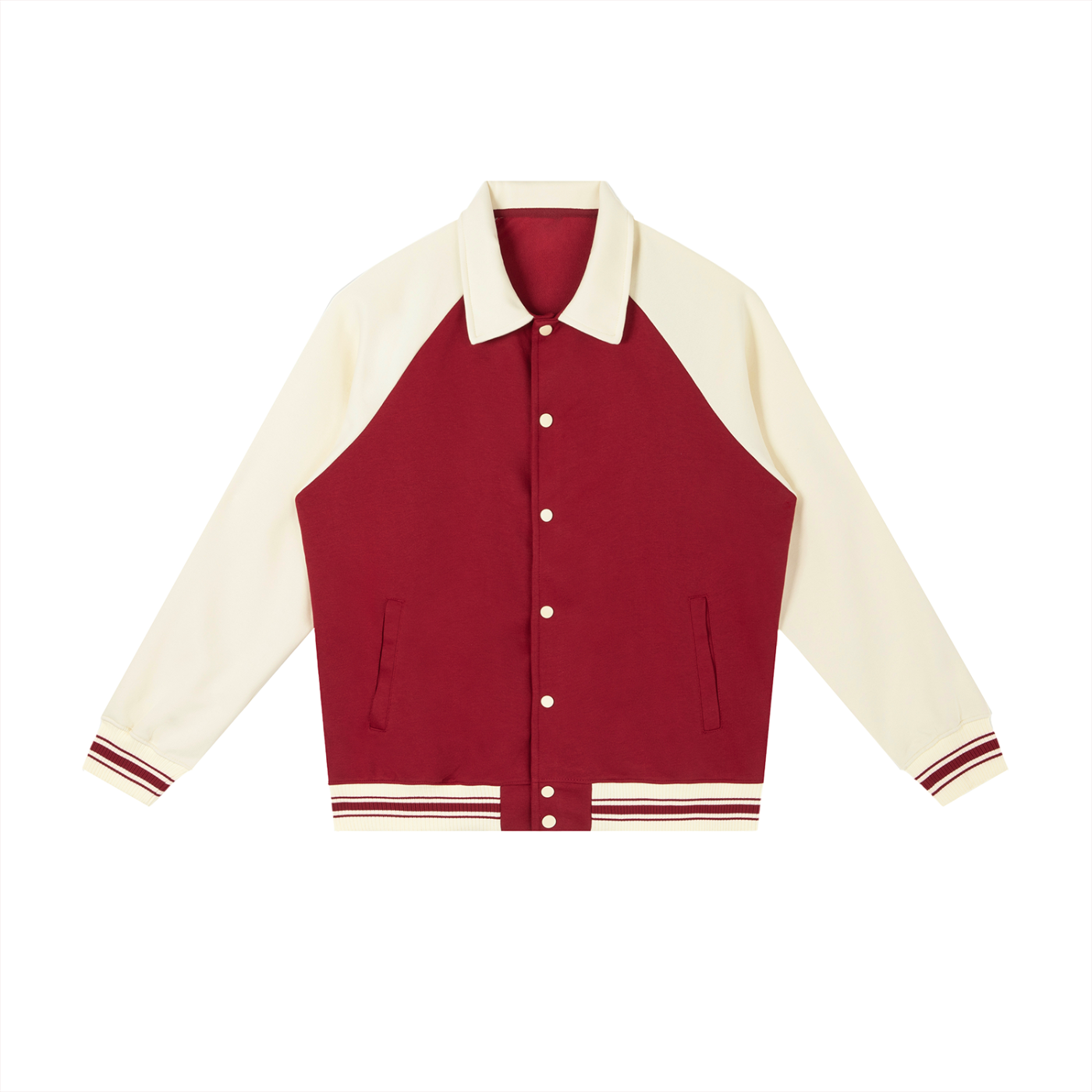 BLANKZ Contrast Raglan Sleeve Baseball Jacket — Garnet with Apricot — front view