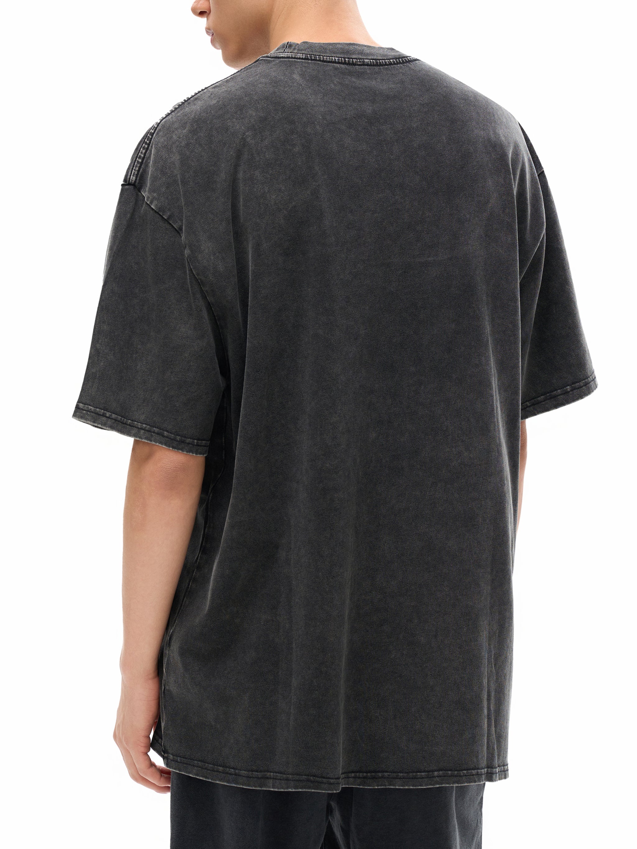 BLANKZ Snow Wash Cotton Tee — Model wearing the tee, rear three-quarter view