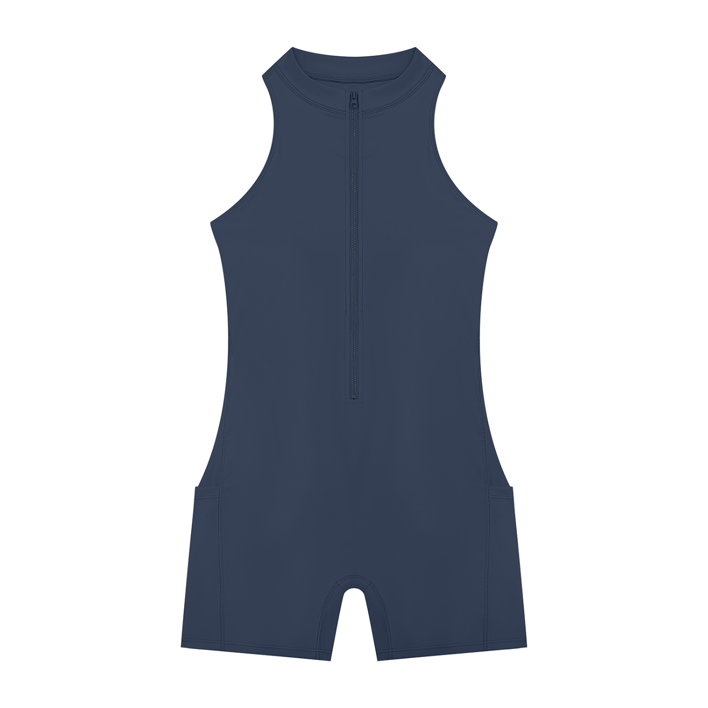BLANKZ Quarter-Zip Yoga Romper — Navy Blue — front view
