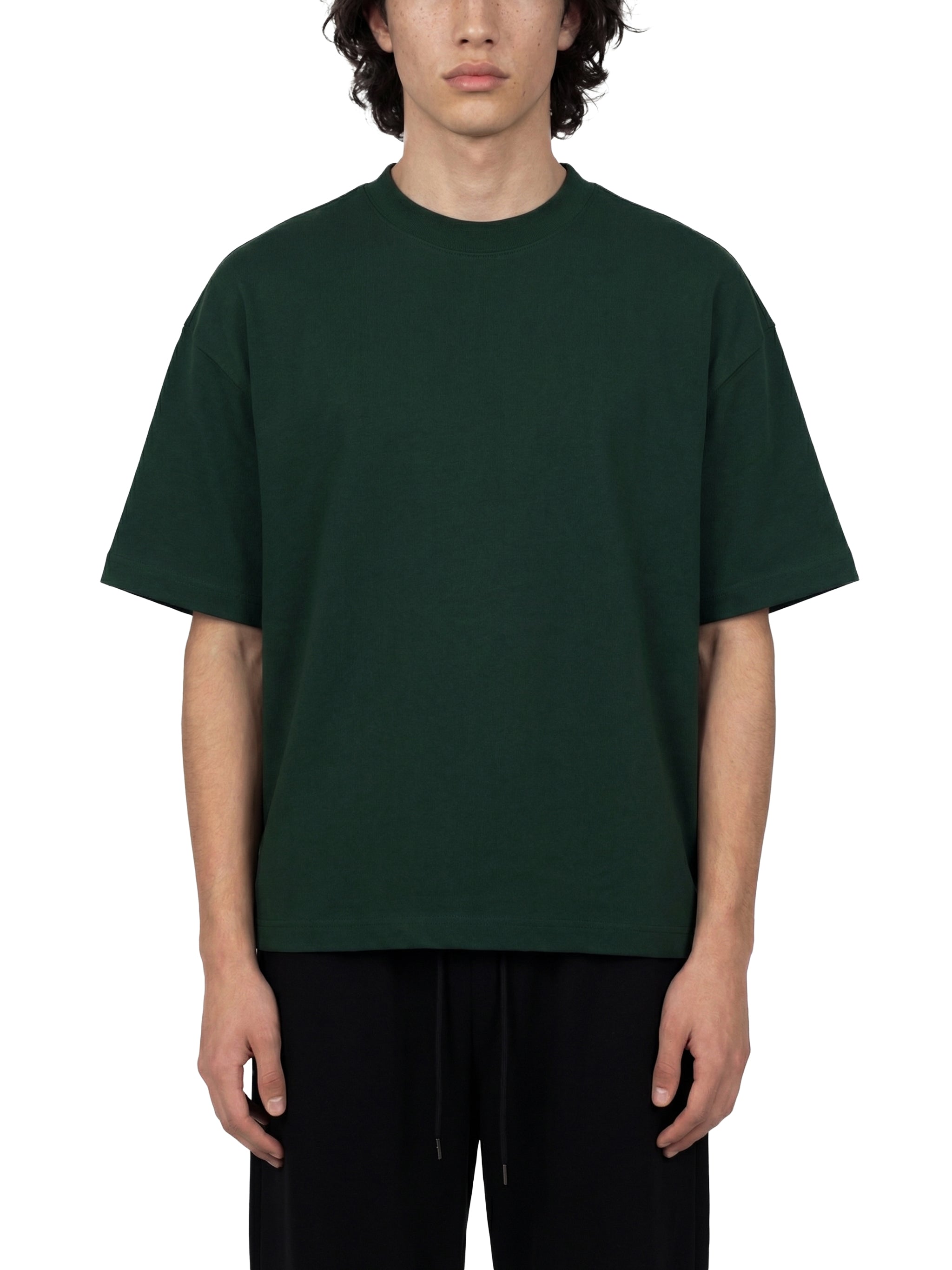 BLANKZ Ultraweight Box Tee — Dark Green, model front view