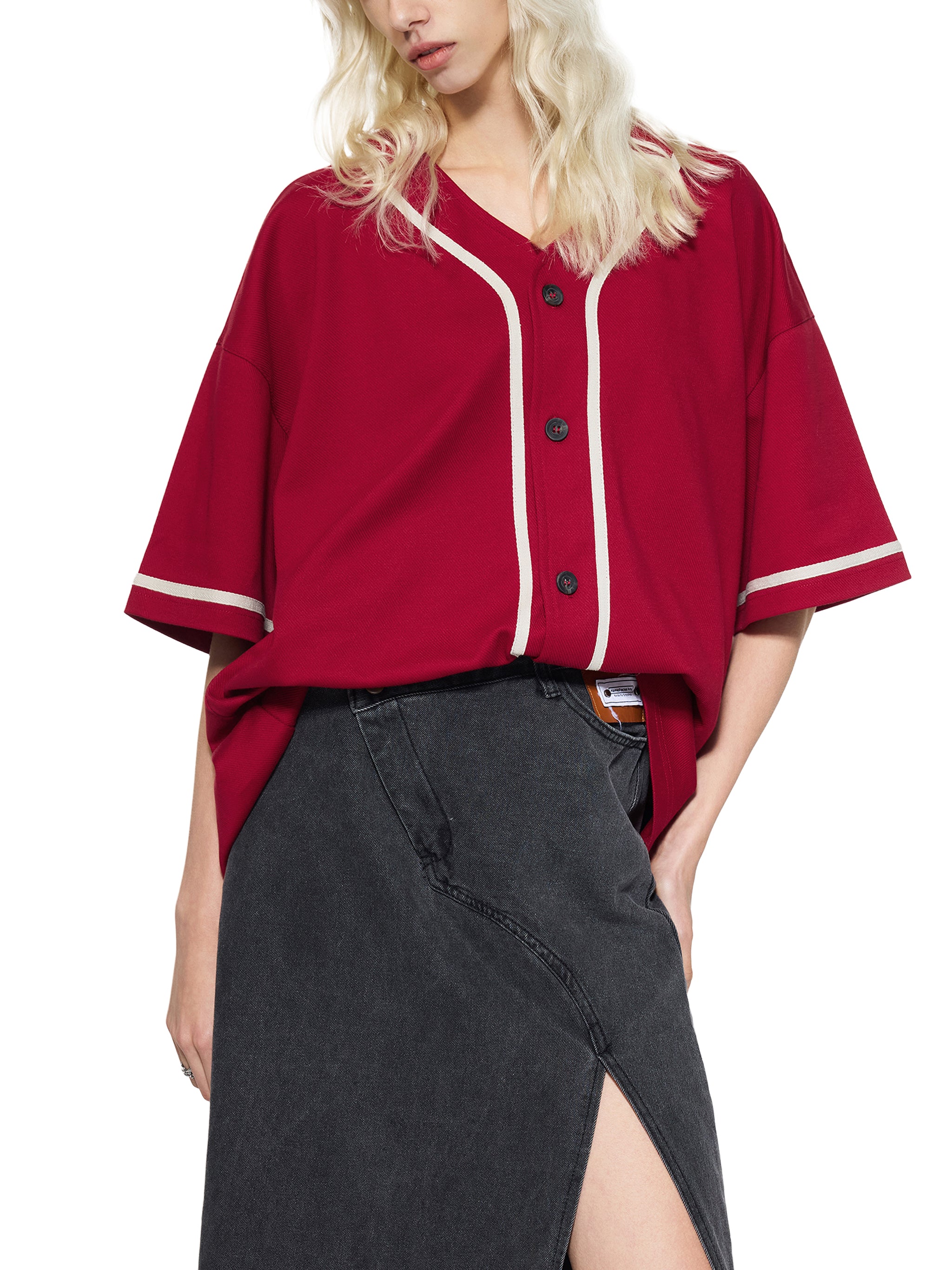 BLANKZ Contrast Piped Button-Up Jersey — Red, button front on model