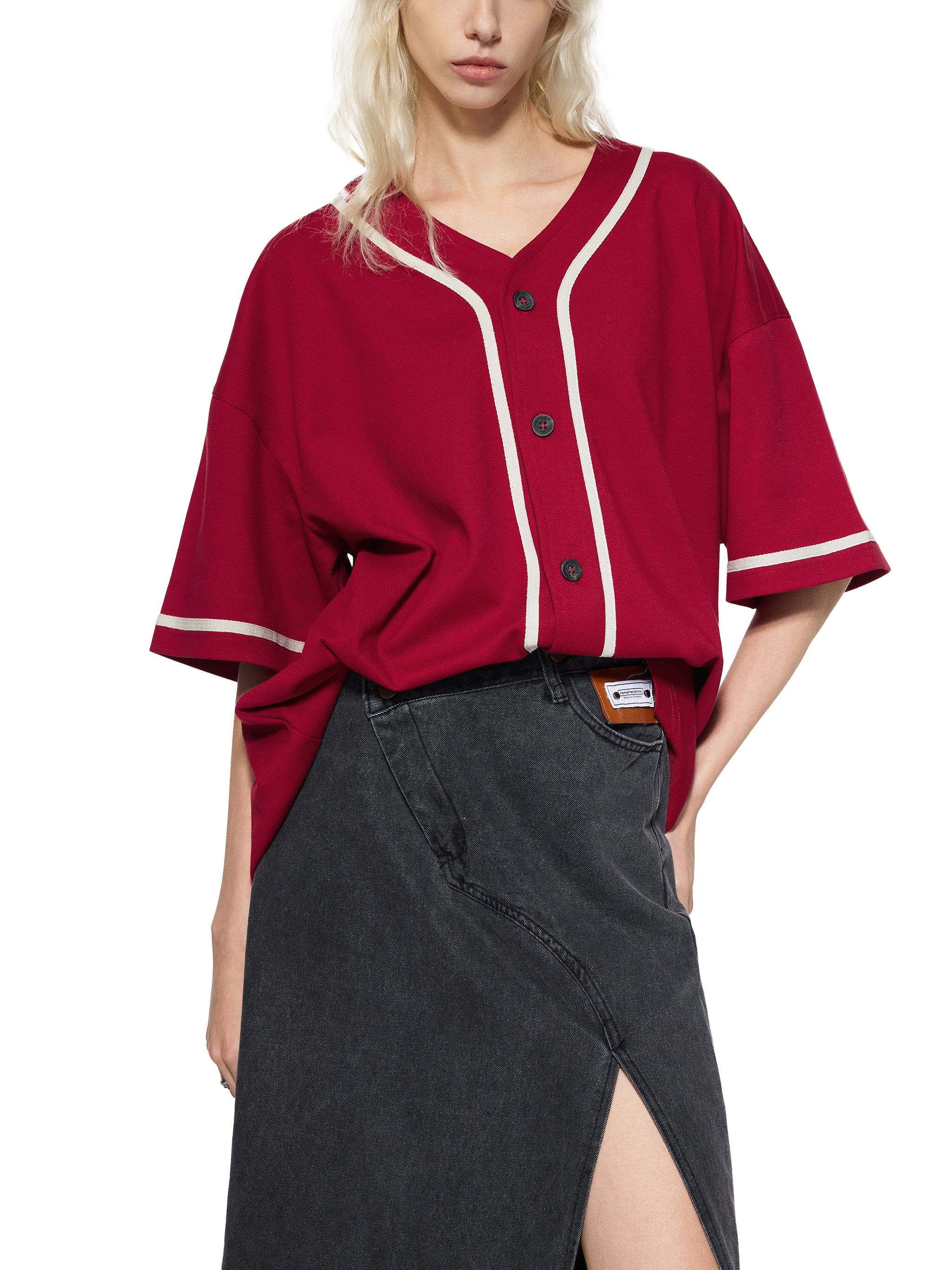 BLANKZ Contrast Piped Button-Up Jersey — Red, angled view on model