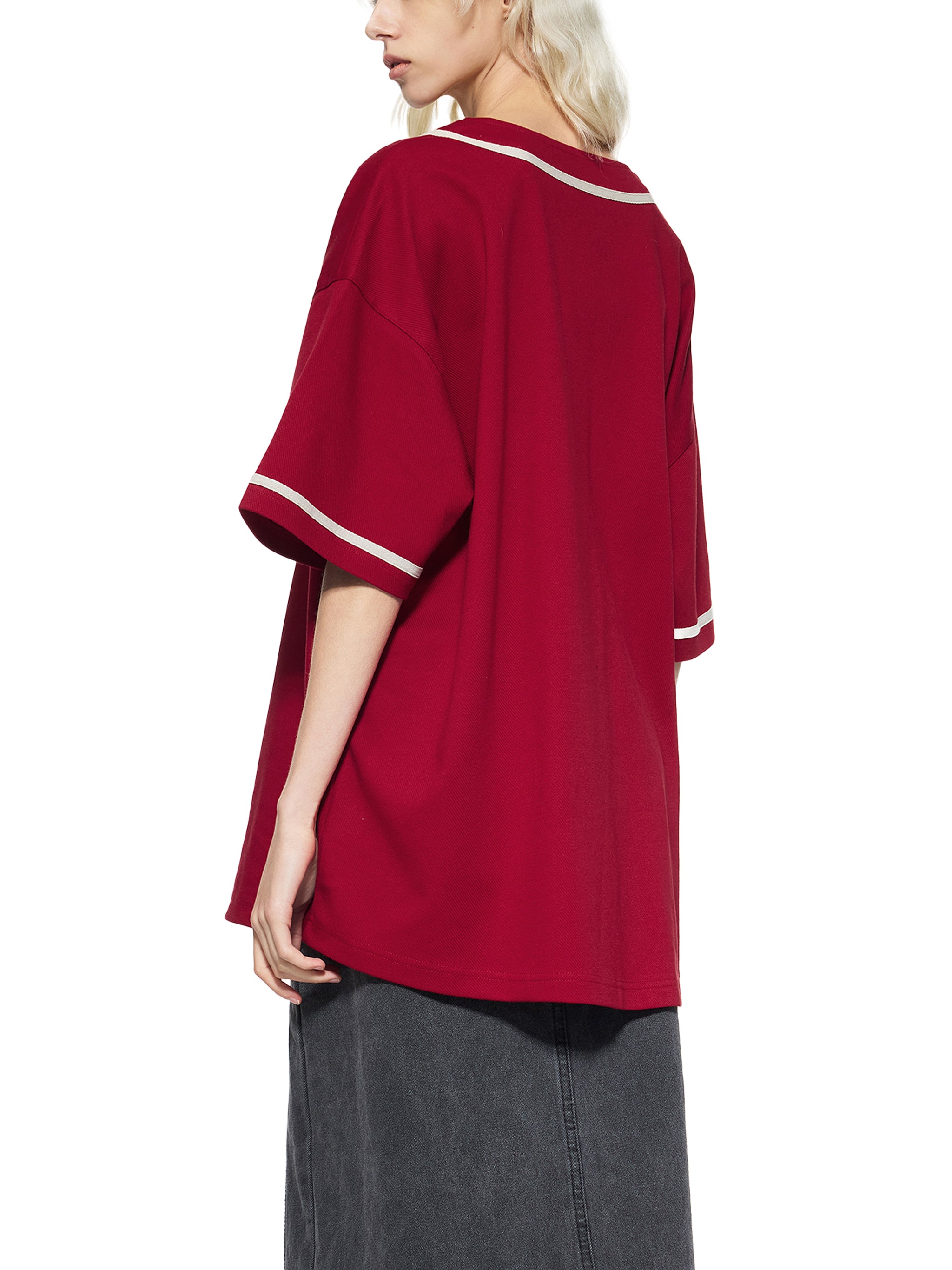 BLANKZ Contrast Piped Button-Up Jersey — Red, back view on model