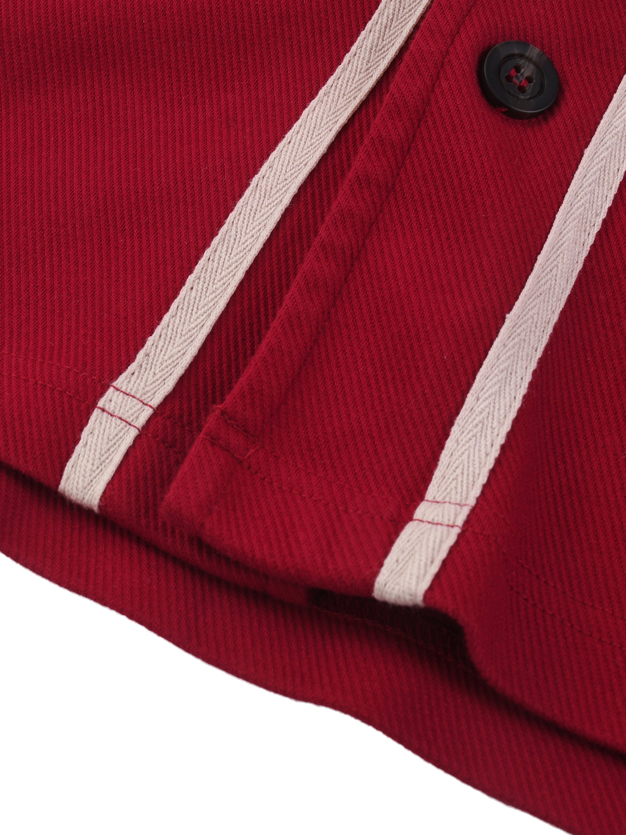 BLANKZ Contrast Piped Button-Up Jersey — Red, button and hem detail