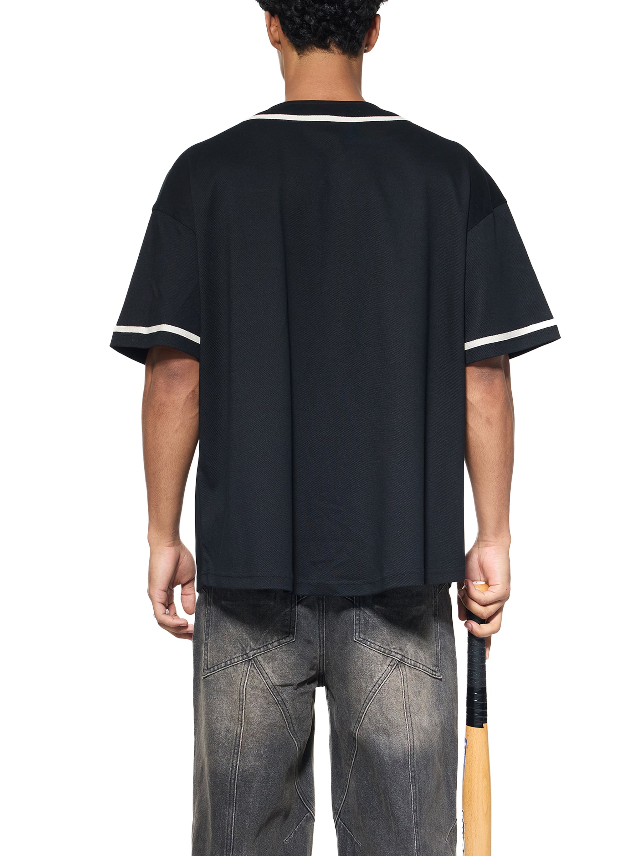 BLANKZ Contrast Piped Button-Up Jersey — Black, back view on model