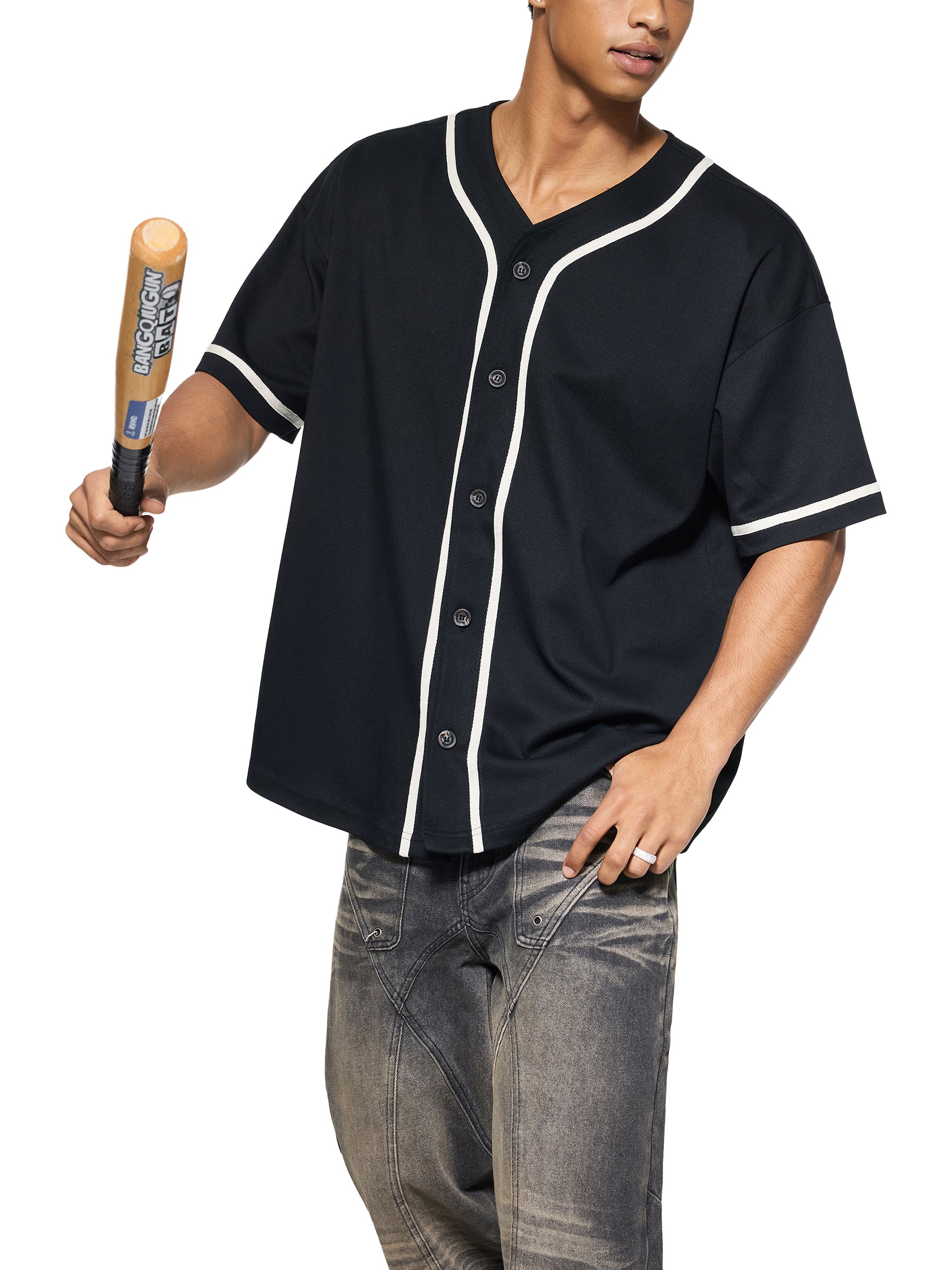 BLANKZ Contrast Piped Button-Up Jersey — Black, relaxed view on model