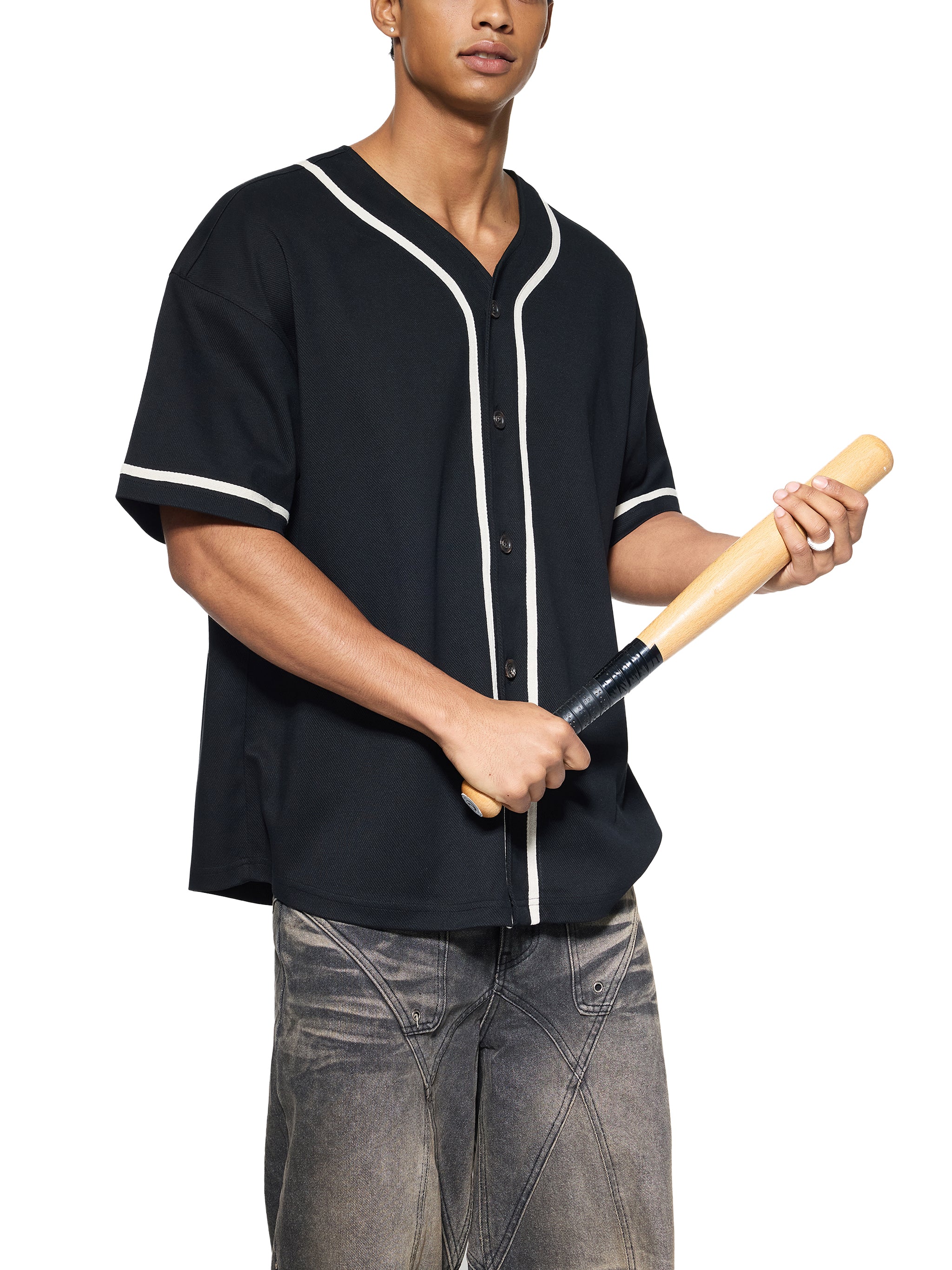 BLANKZ Contrast Piped Button-Up Jersey — Black, piping on model