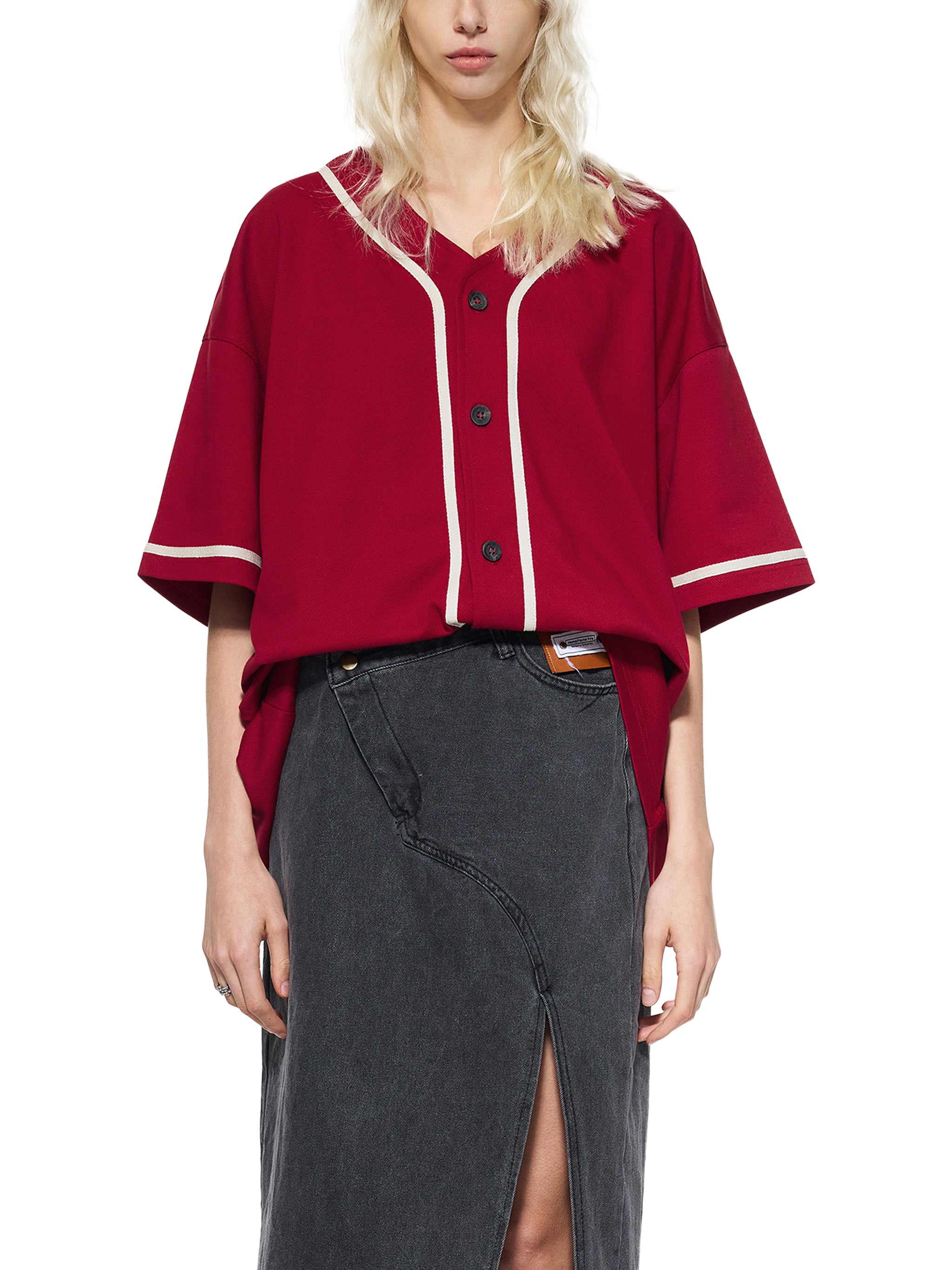 BLANKZ Contrast Piped Button-Up Jersey — Red, front view on model