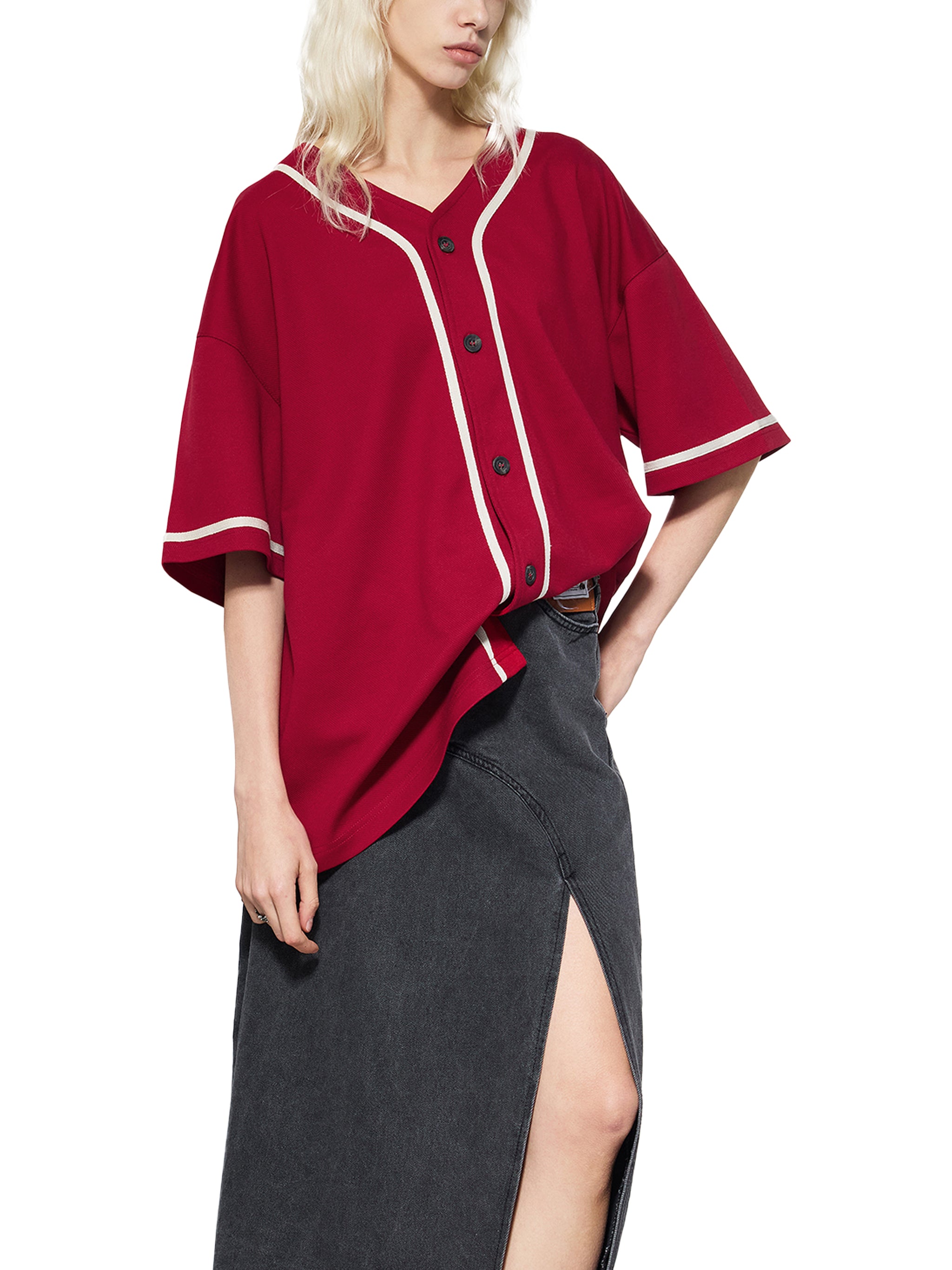BLANKZ Contrast Piped Button-Up Jersey — Red, relaxed view on model