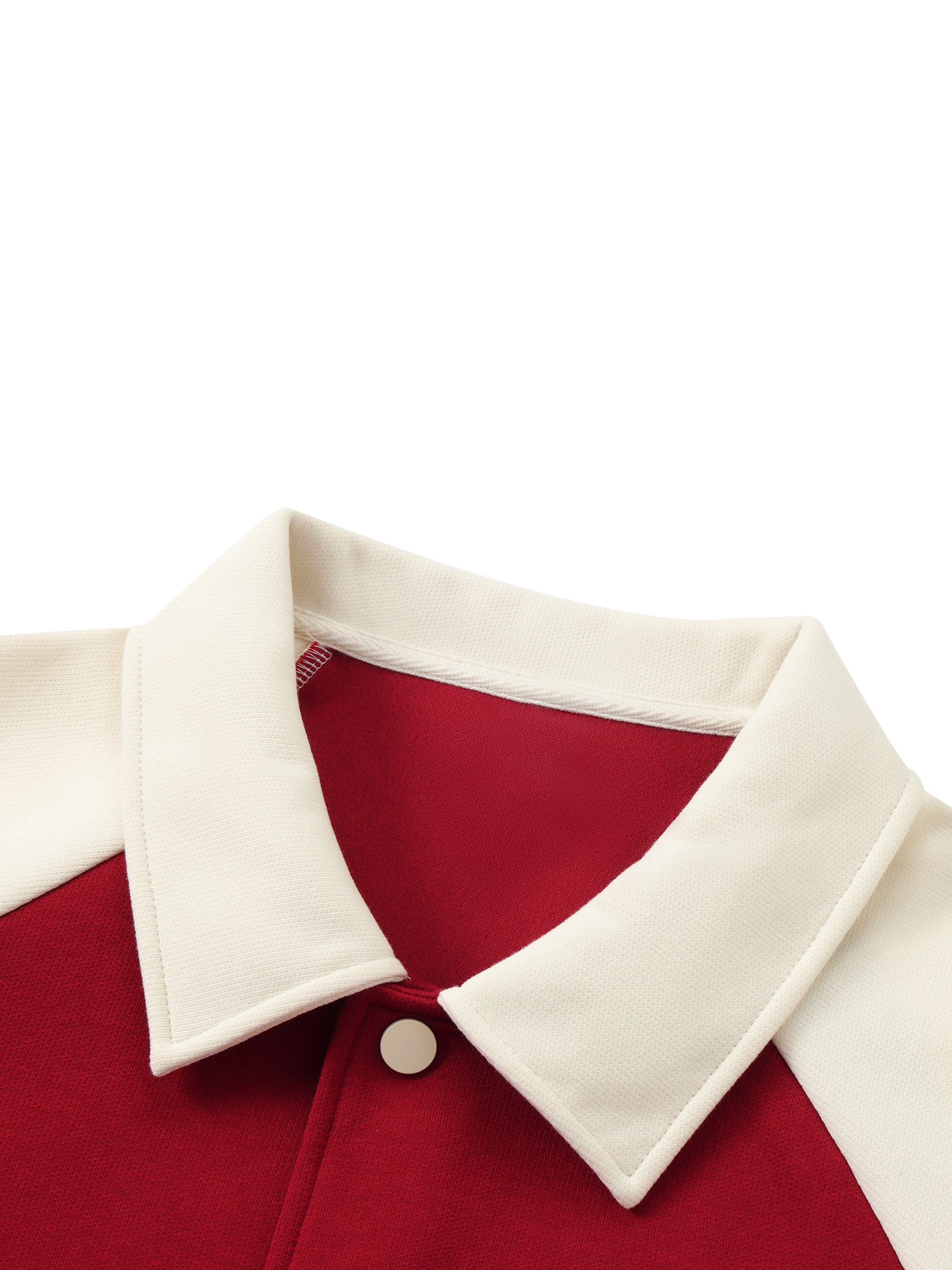 BLANKZ Contrast Raglan Sleeve Baseball Jacket — Garnet with Apricot — collar and button detail