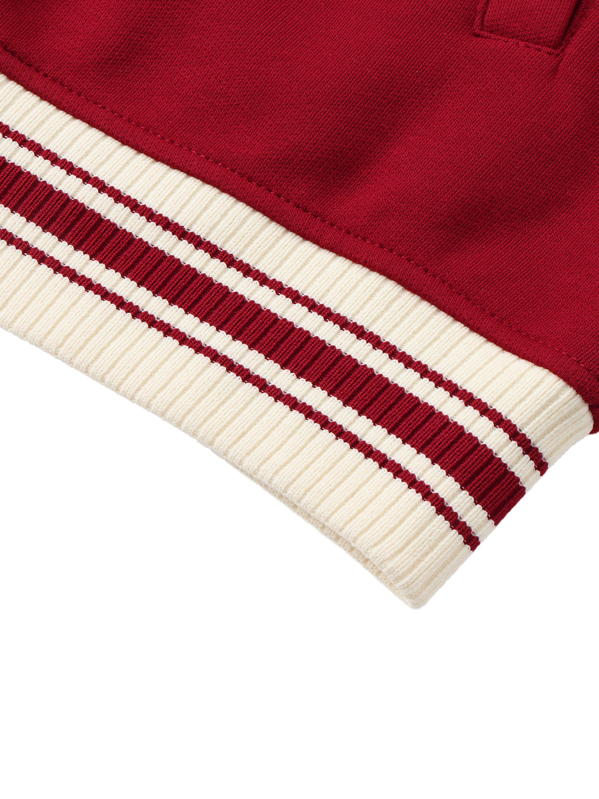 BLANKZ Contrast Raglan Sleeve Baseball Jacket — Garnet with Apricot — striped ribbed hem
