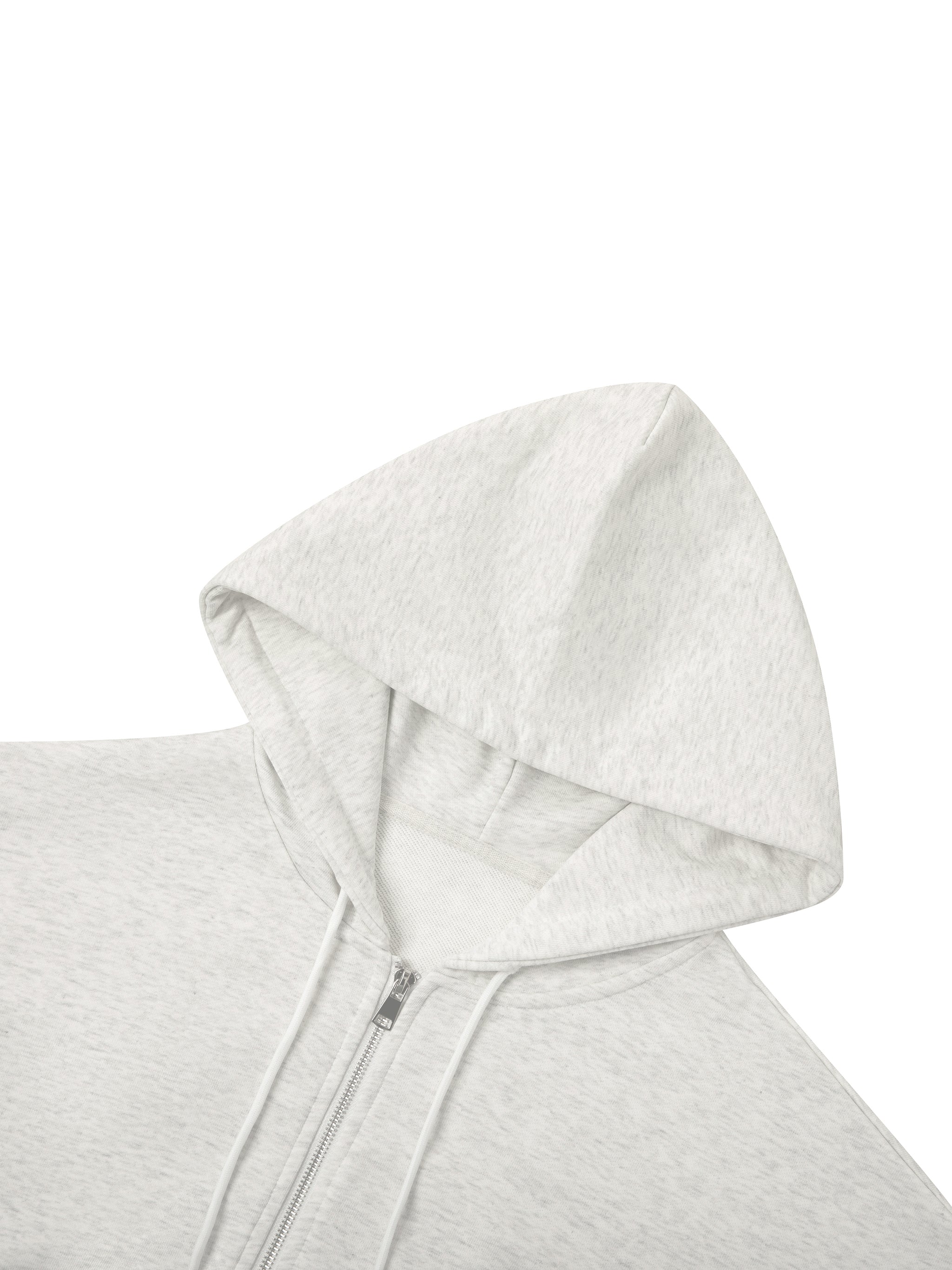BLANKZ Essential Cropped Zip-Up Hoodie — Oat Gray, Hood and neckline detail
