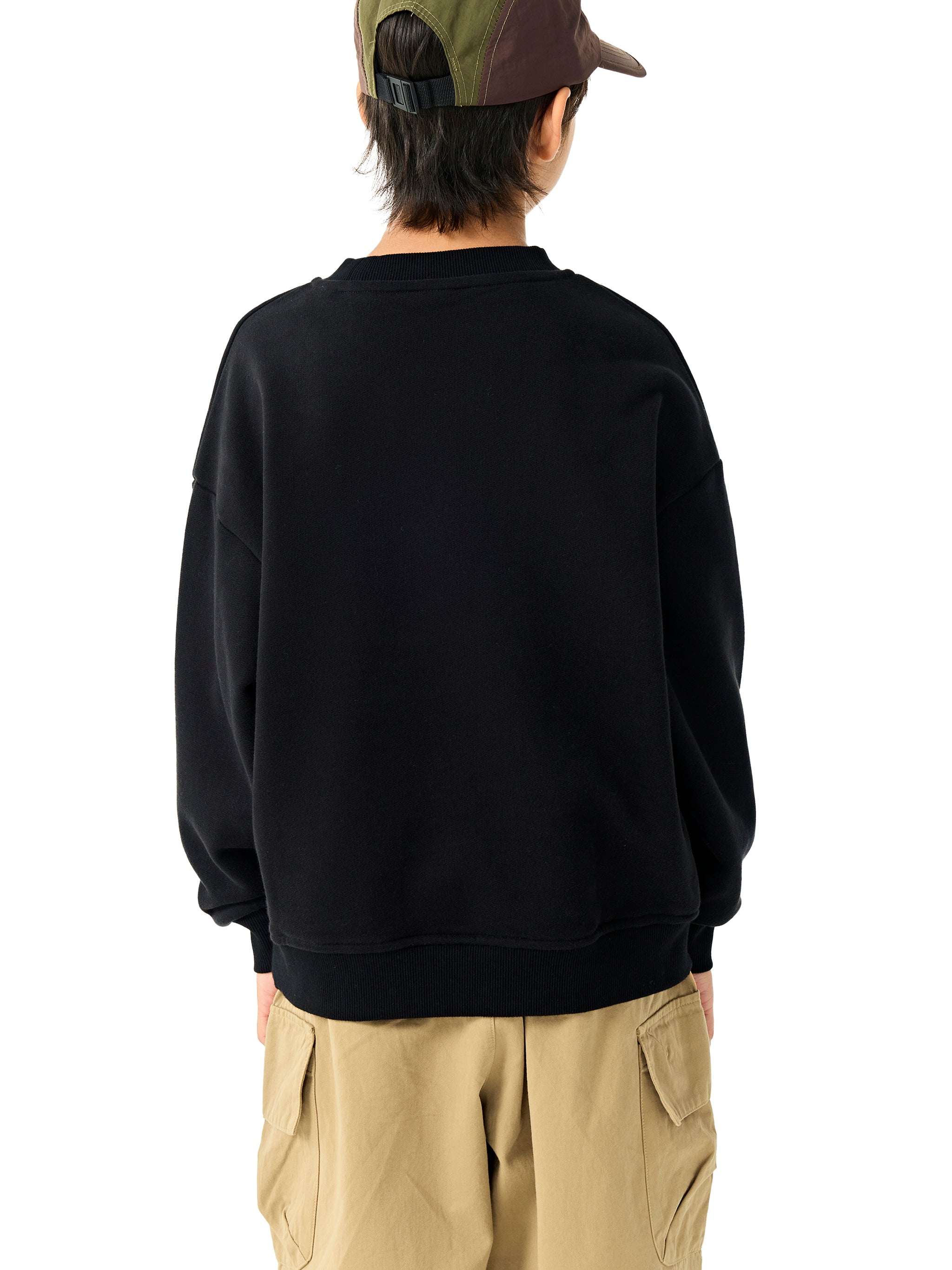BLANKZ Kids' Essential Fleece Crewneck Sweatshirt — Black, back on model