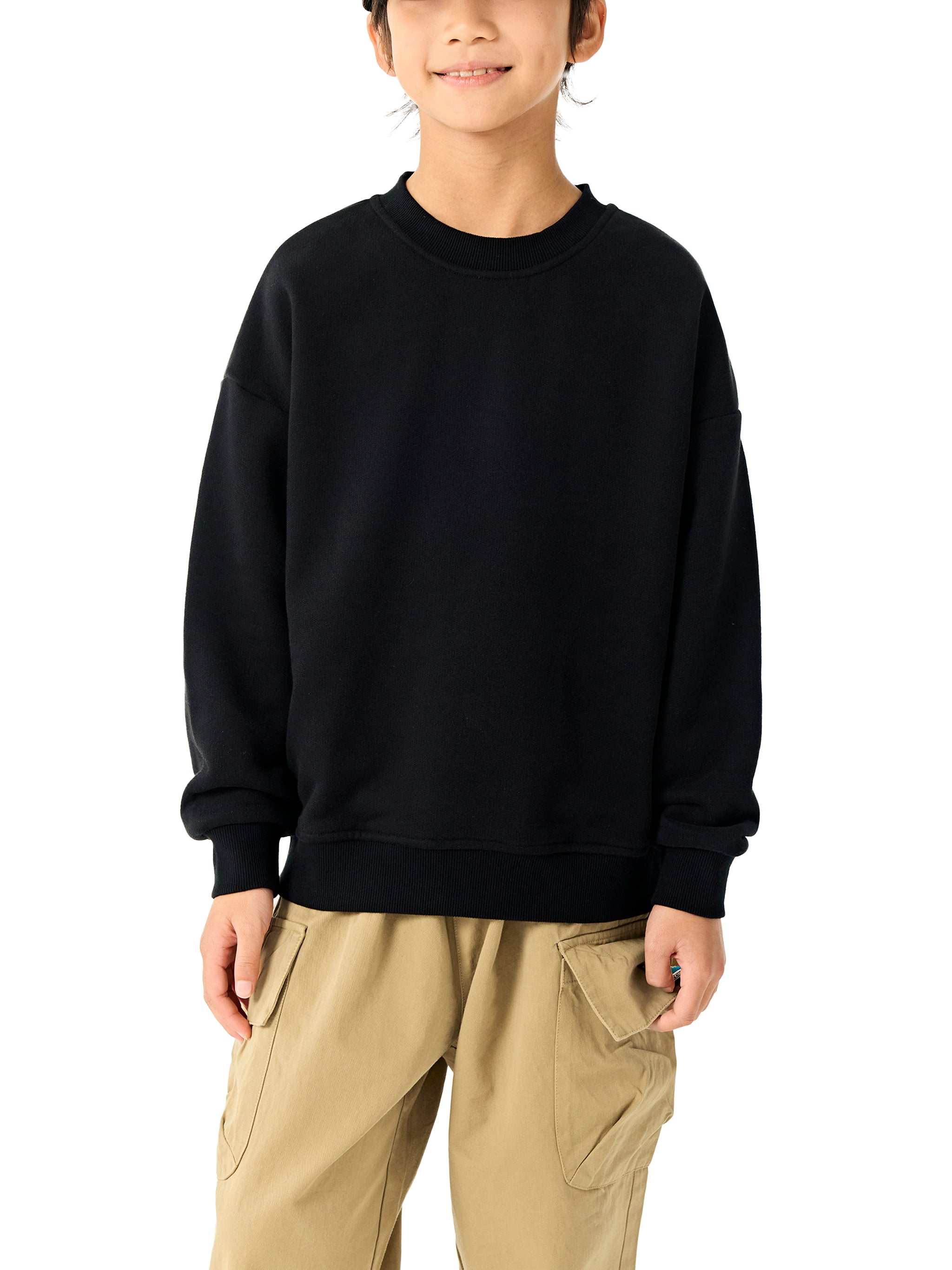 BLANKZ Kids' Essential Fleece Crewneck Sweatshirt — Black, alternate front on model