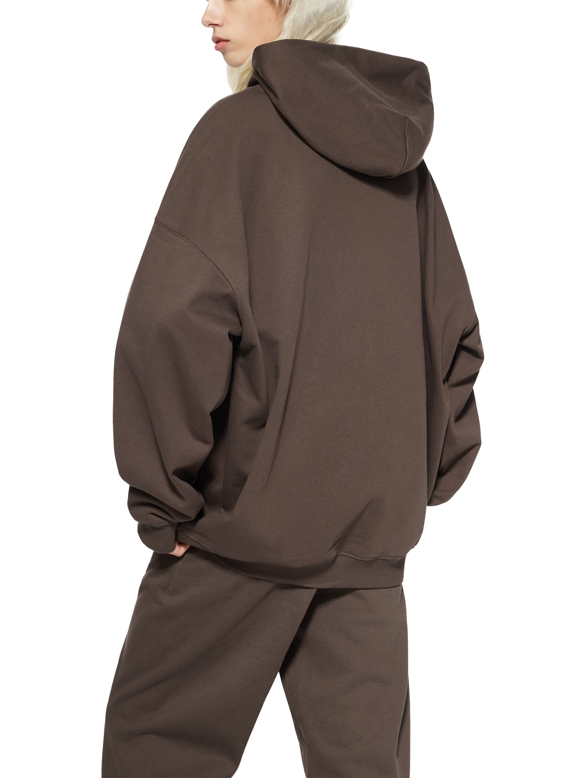BLANKZ Essential Heavyweight Hoodie — Model wearing the garment, back view
