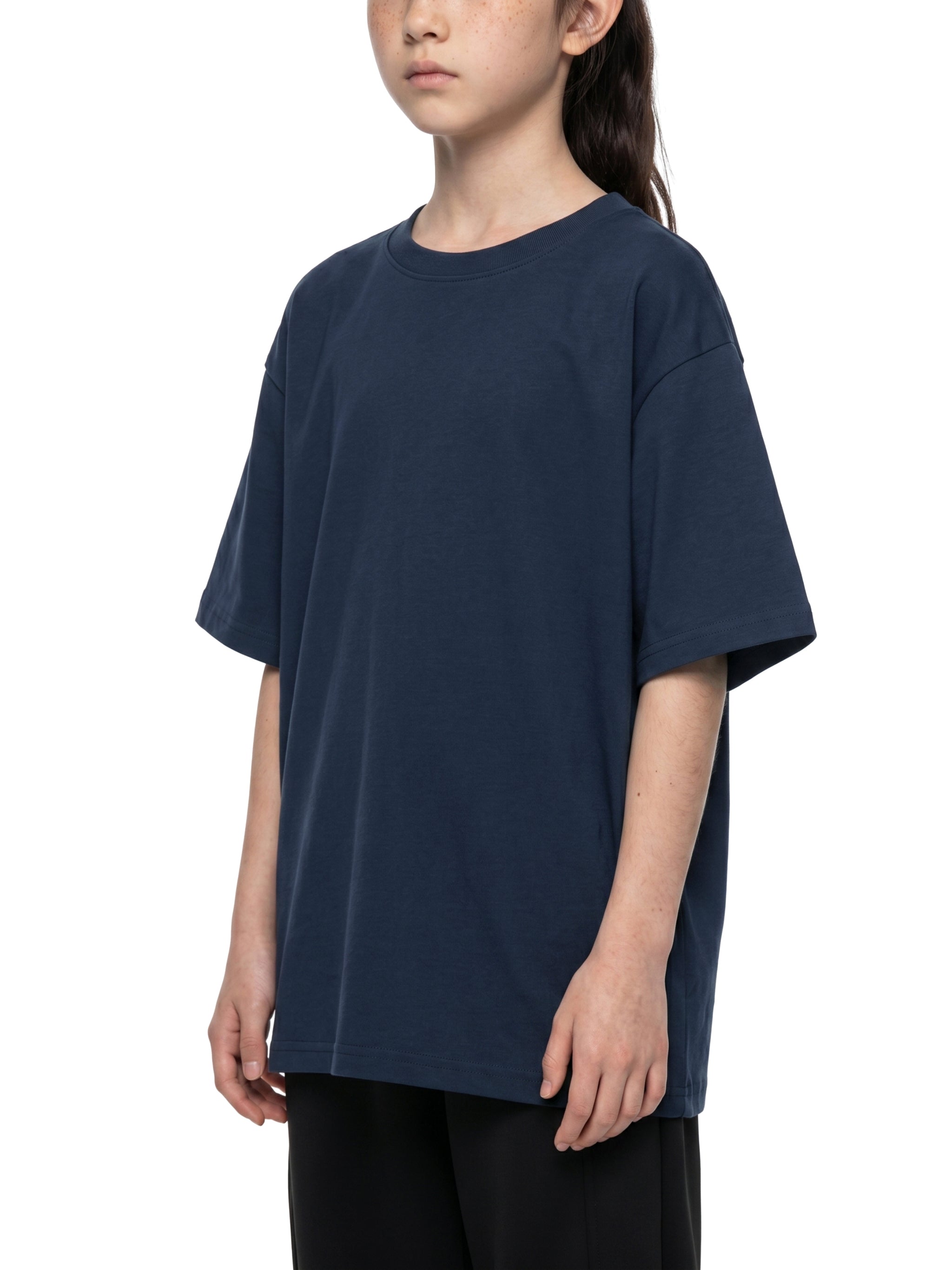 BLANKZ Kids' Essential Tee — Navy Blue, relaxed front view on model