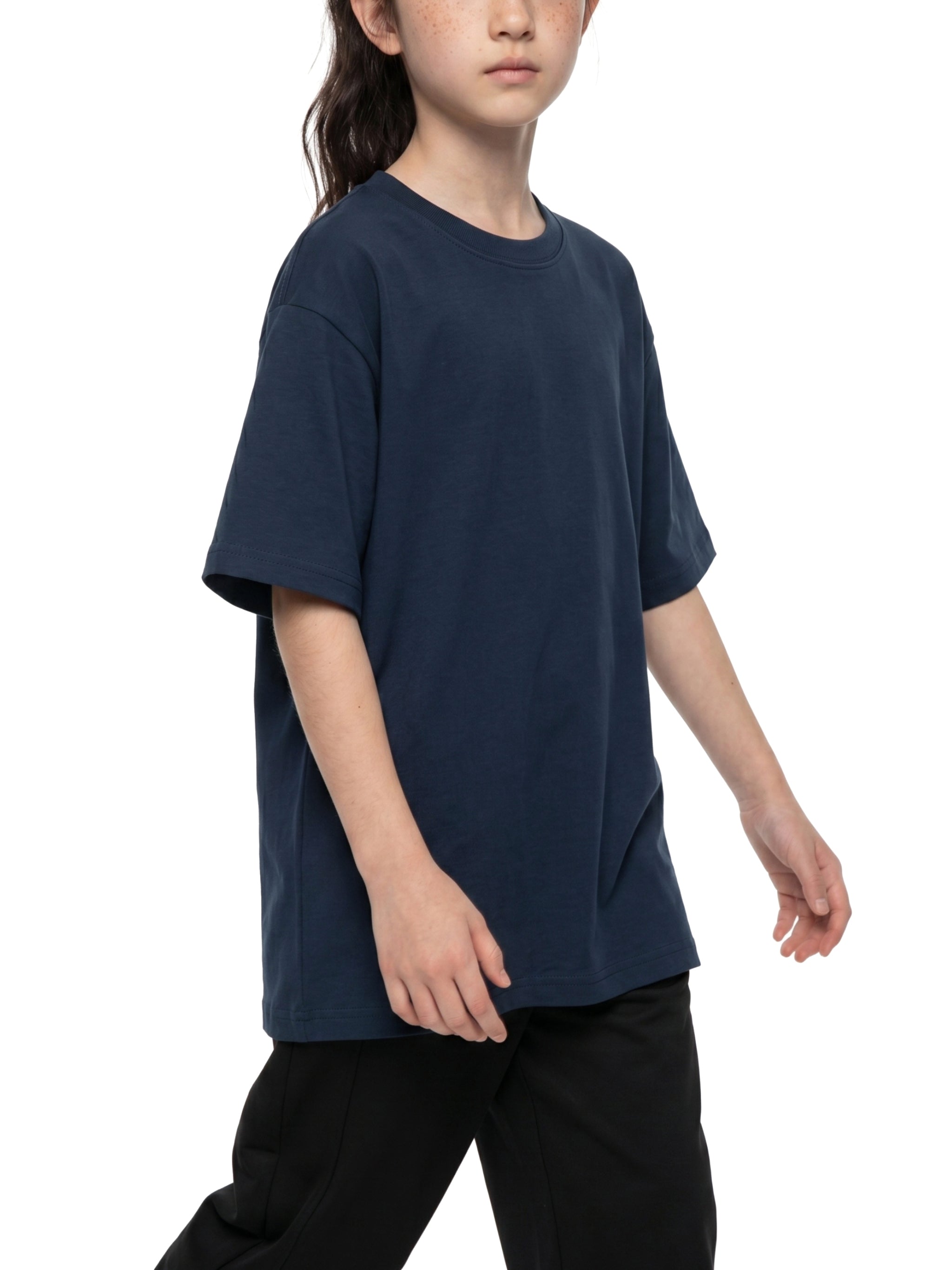 BLANKZ Kids' Essential Tee — Navy Blue, walking view on model