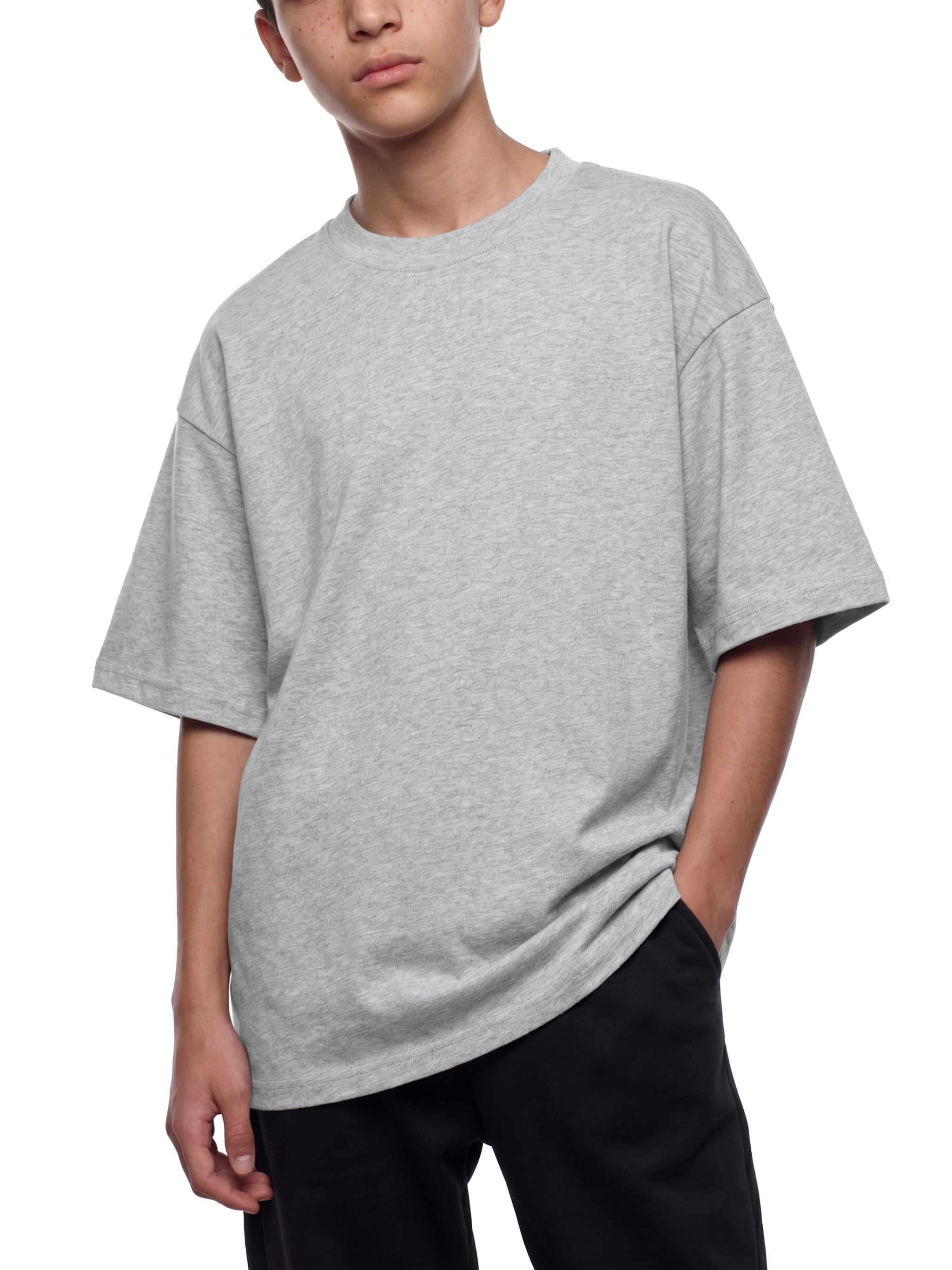 BLANKZ Kids' Essential Tee — Flower Gray, relaxed front view on model