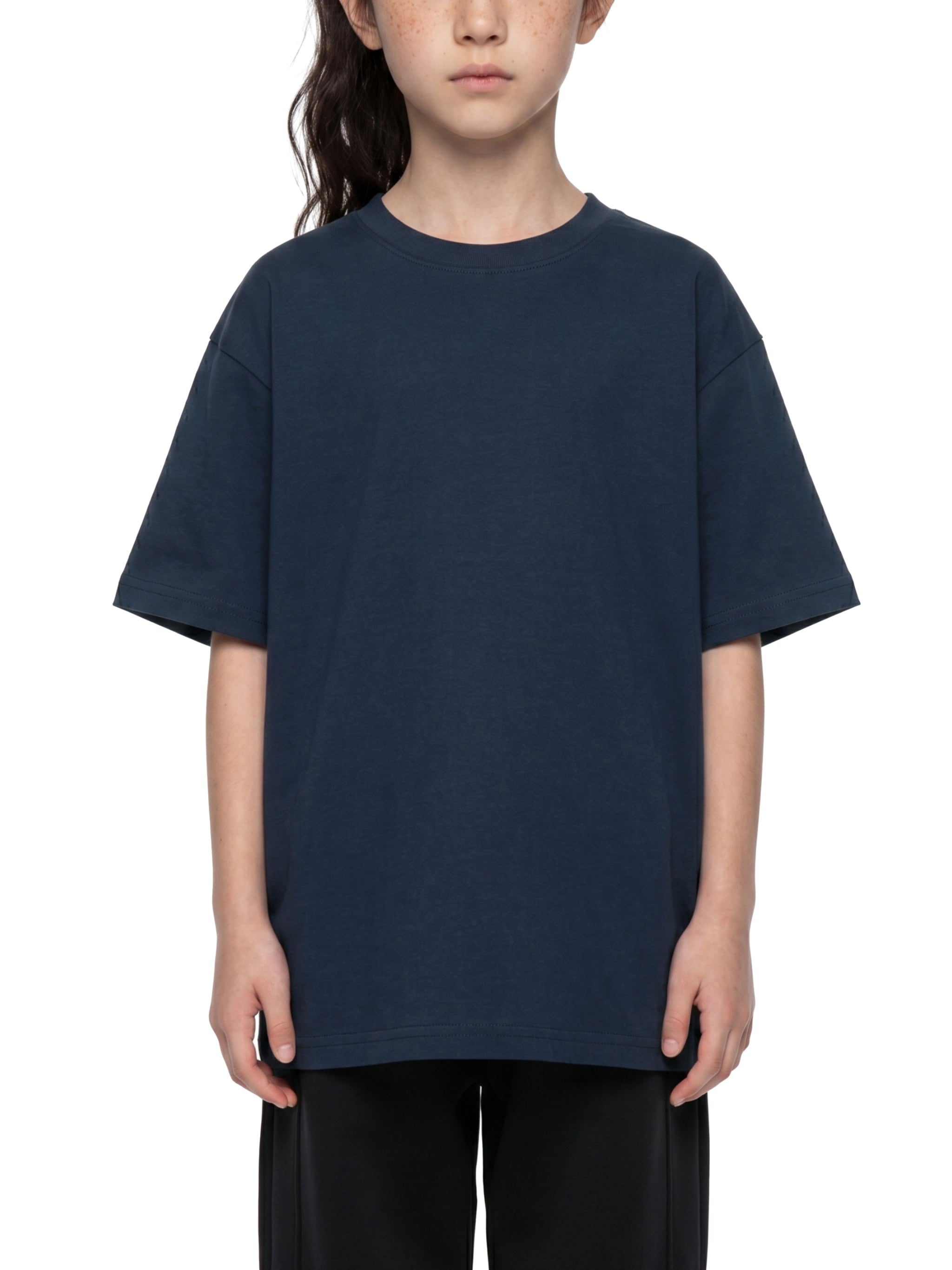 BLANKZ Kids' Essential Tee — Navy Blue, front view on model