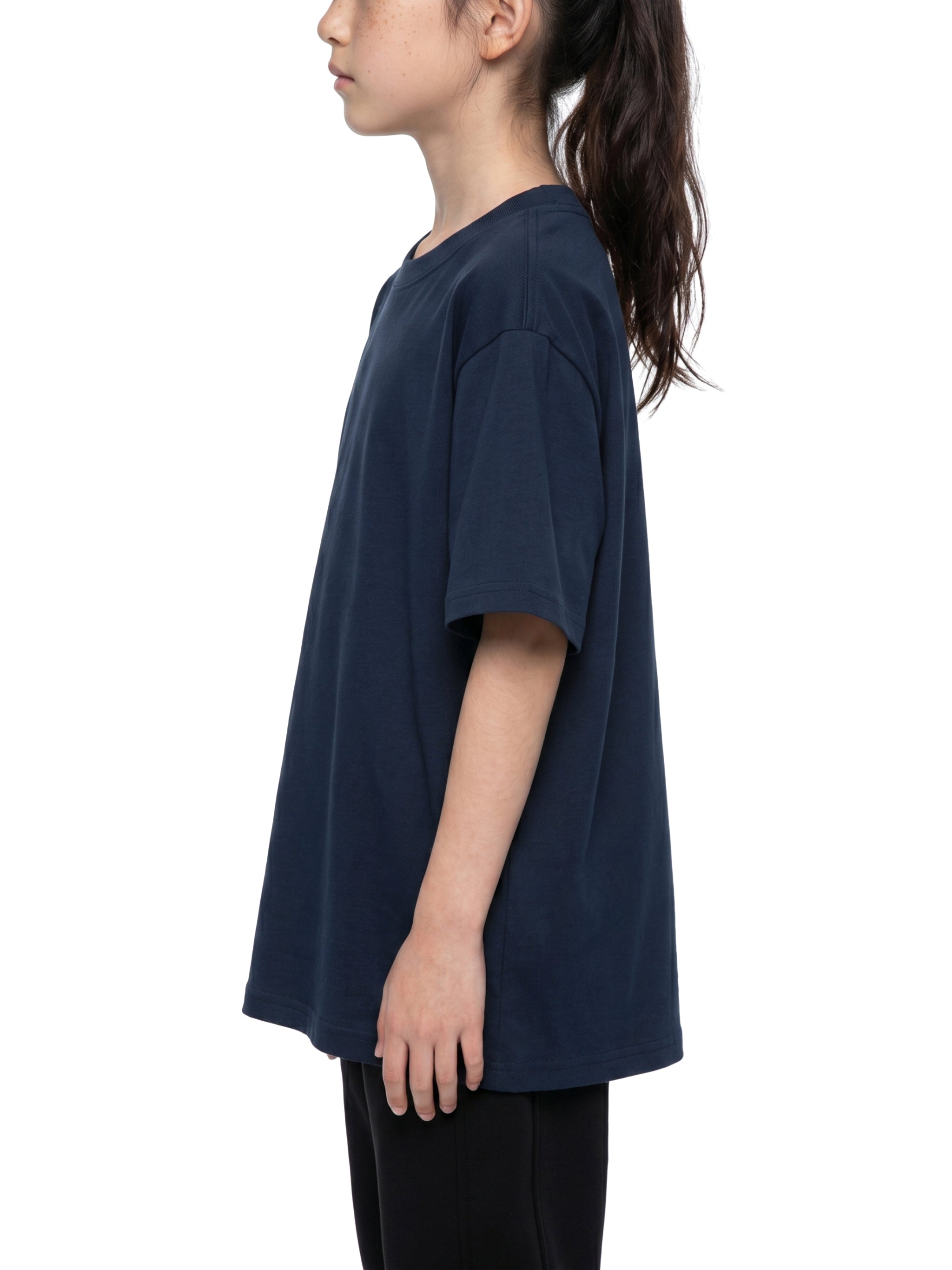 BLANKZ Kids' Essential Tee — Navy Blue, side view on model
