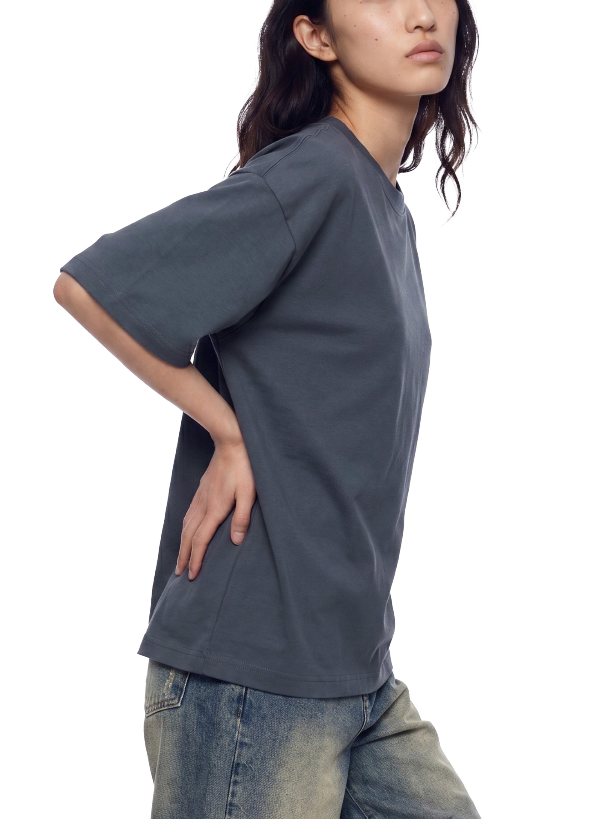 BLANKZ Sorona Box Tee 240 — Navy Blue, model side styling view