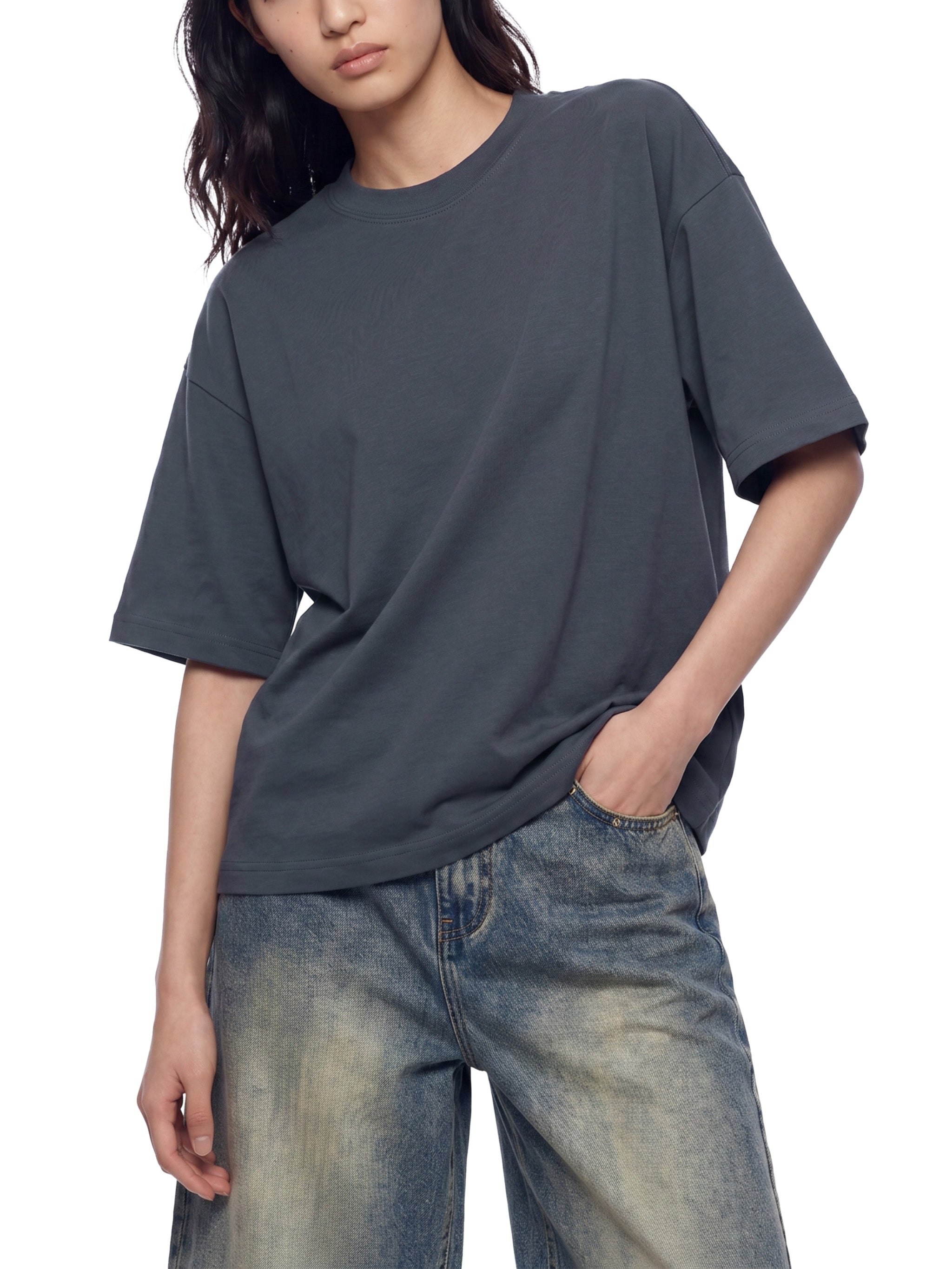 BLANKZ Sorona Box Tee 240 — Navy Blue, model front three-quarter view