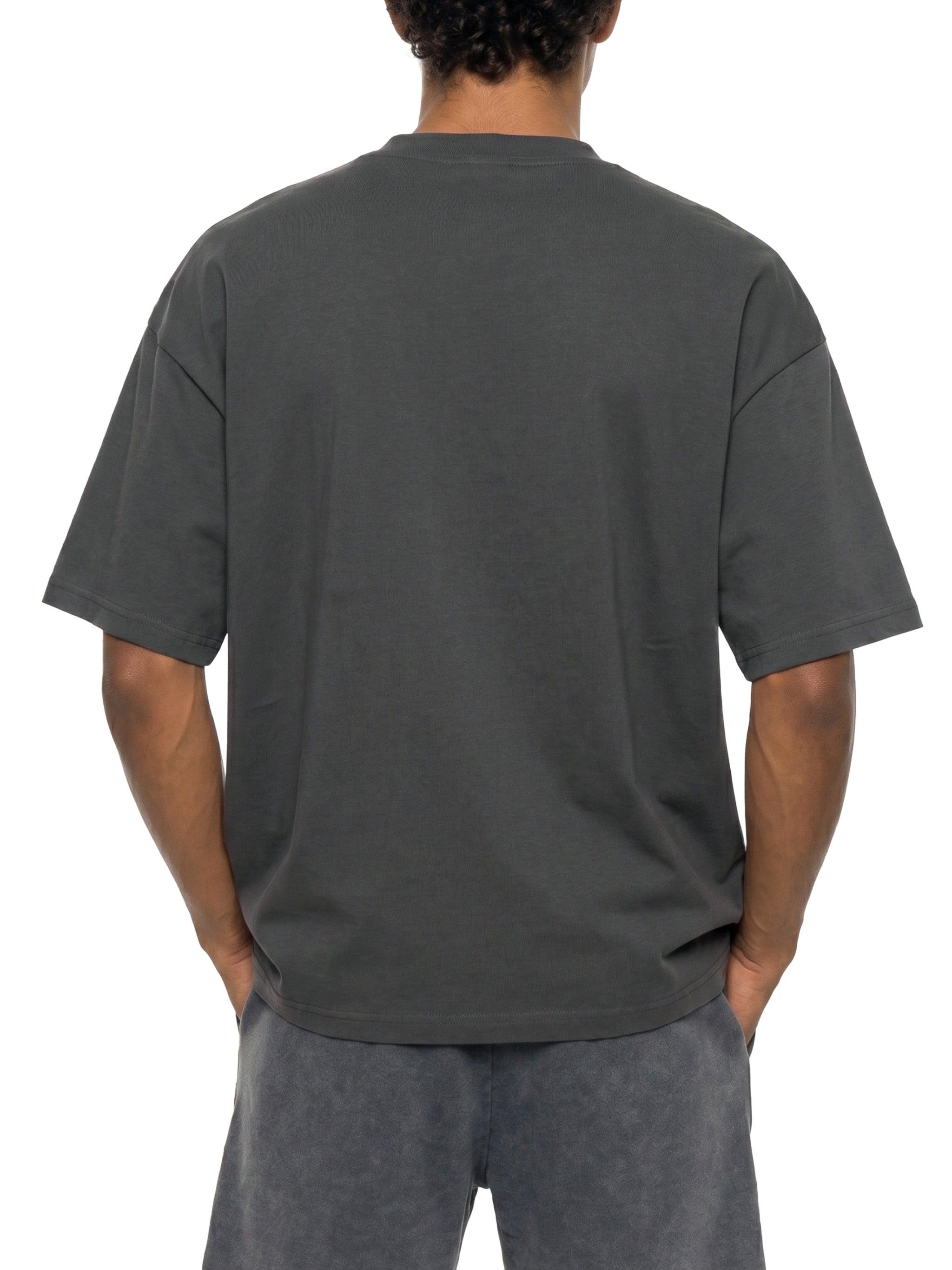 BLANKZ Sorona Box Tee 240 — Charcoal Gray, model back styling view