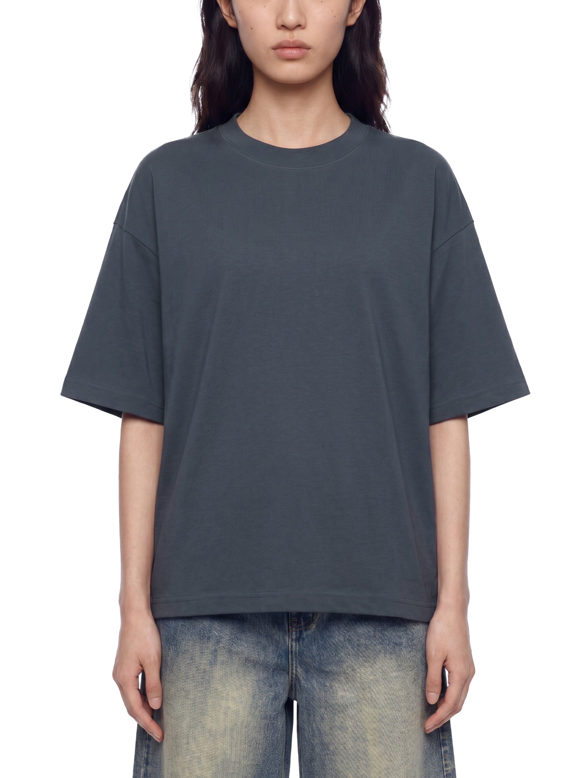BLANKZ Sorona Box Tee 240 — Navy Blue, model front view