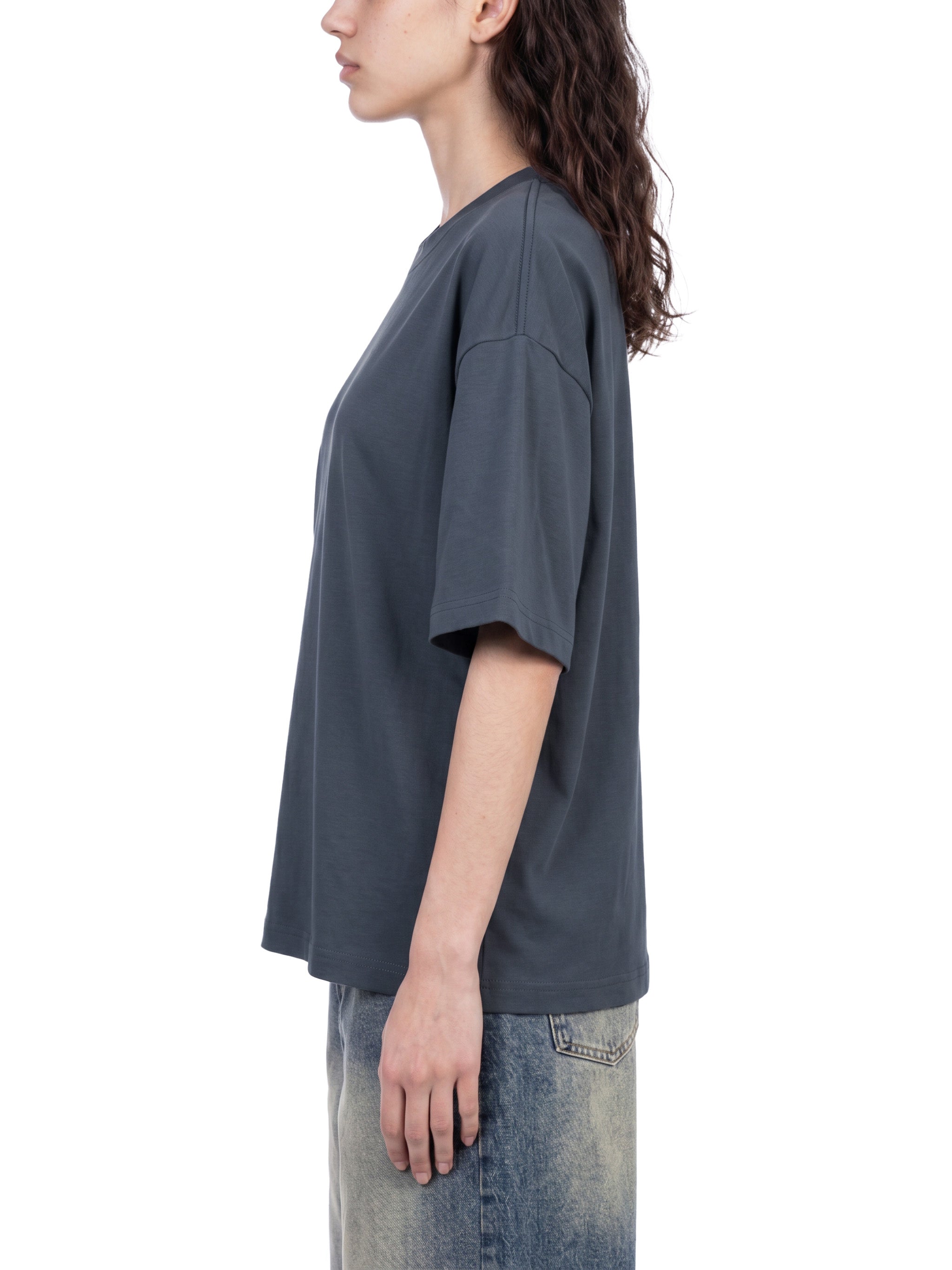 BLANKZ Sorona Box Tee 240 — Navy Blue, model side view