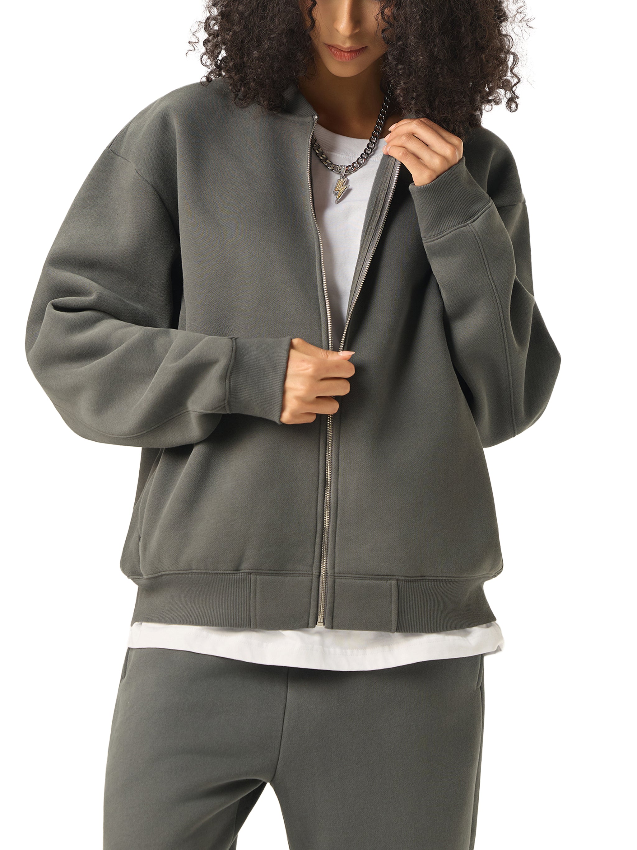 BLANKZ Clean Fleece Zip Jacket — Dark Gray, open jacket on model