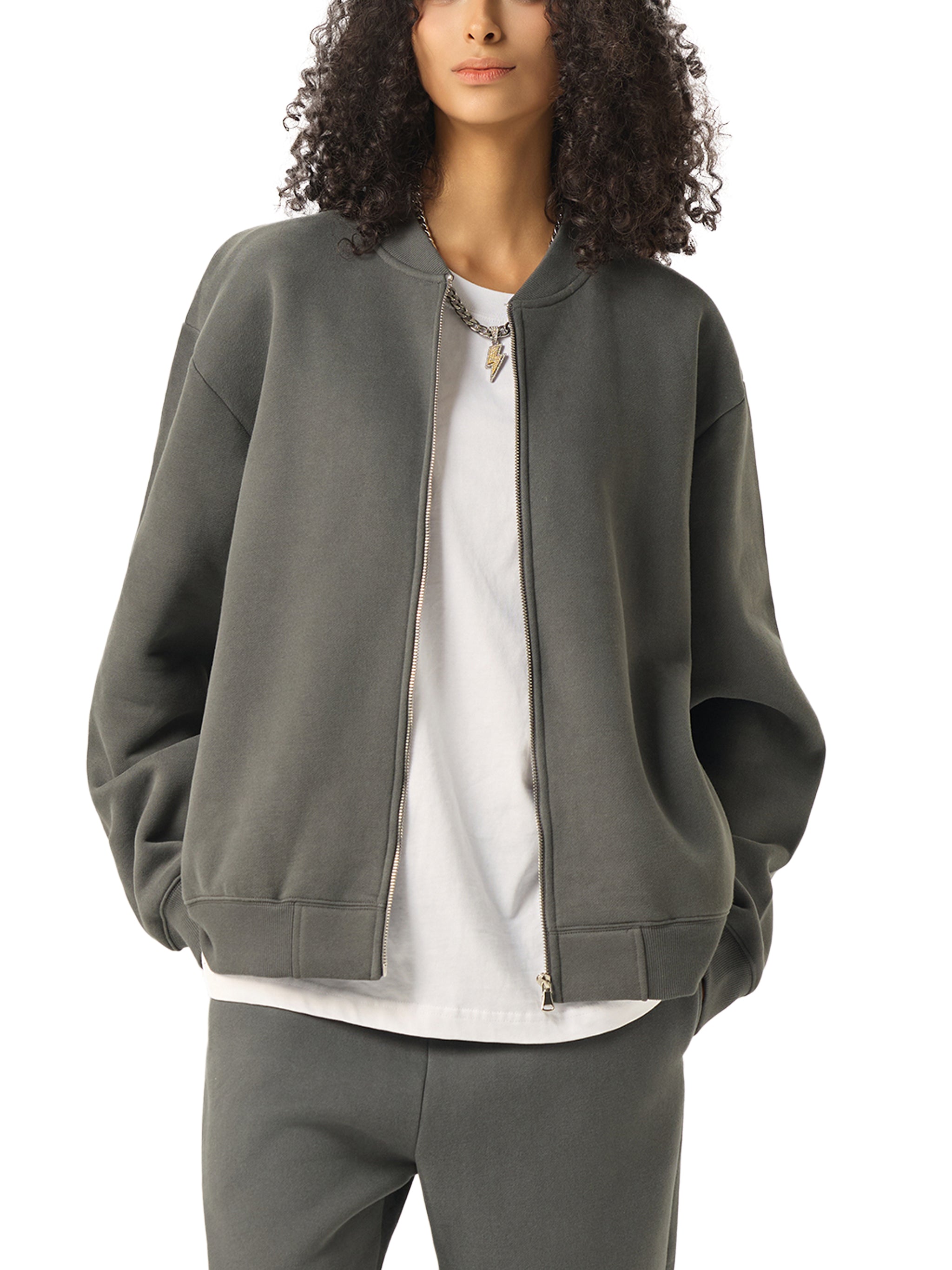 BLANKZ Clean Fleece Zip Jacket — Dark Gray, neckline view on model