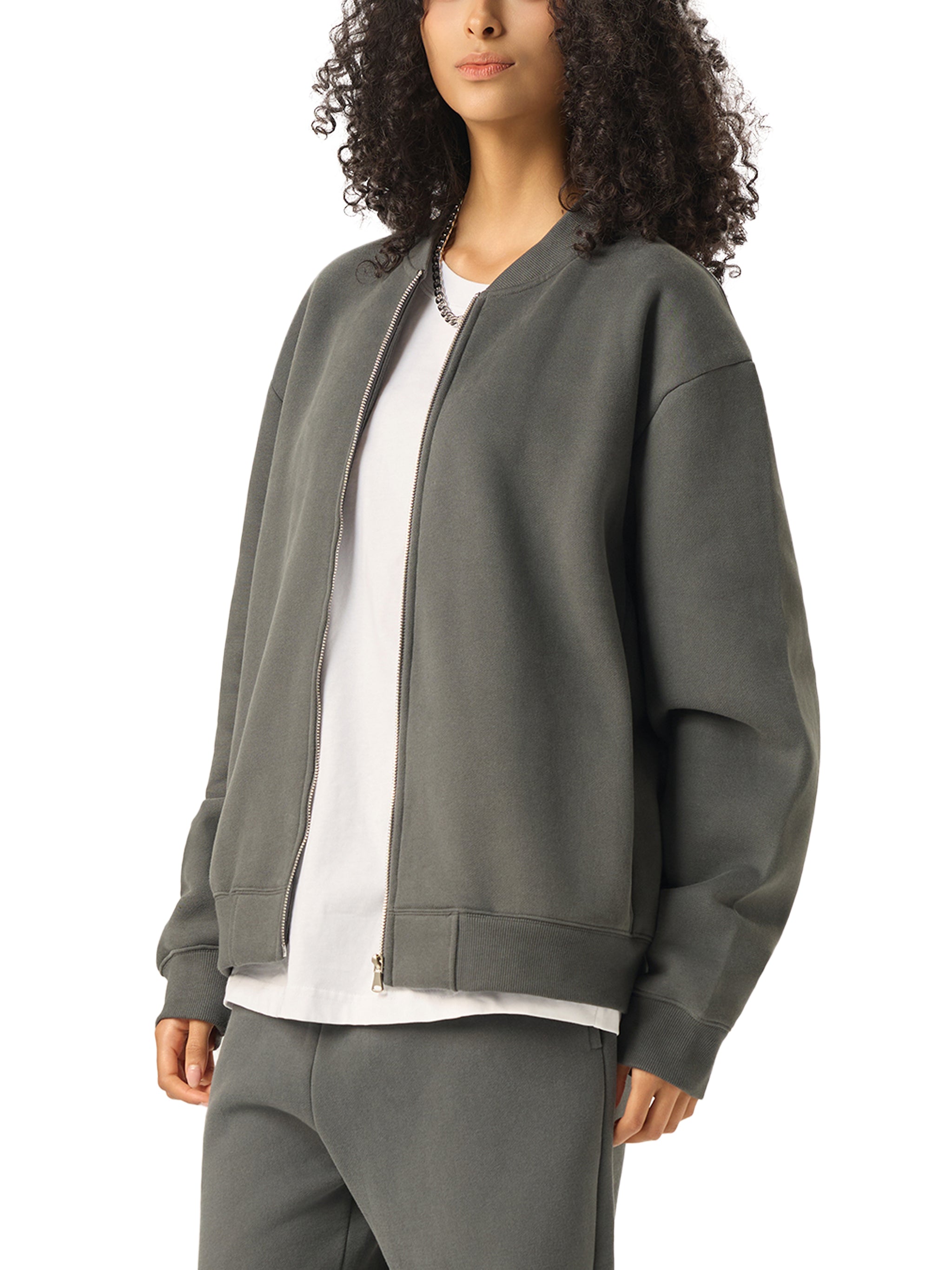 BLANKZ Clean Fleece Zip Jacket — Dark Gray, angled view on model