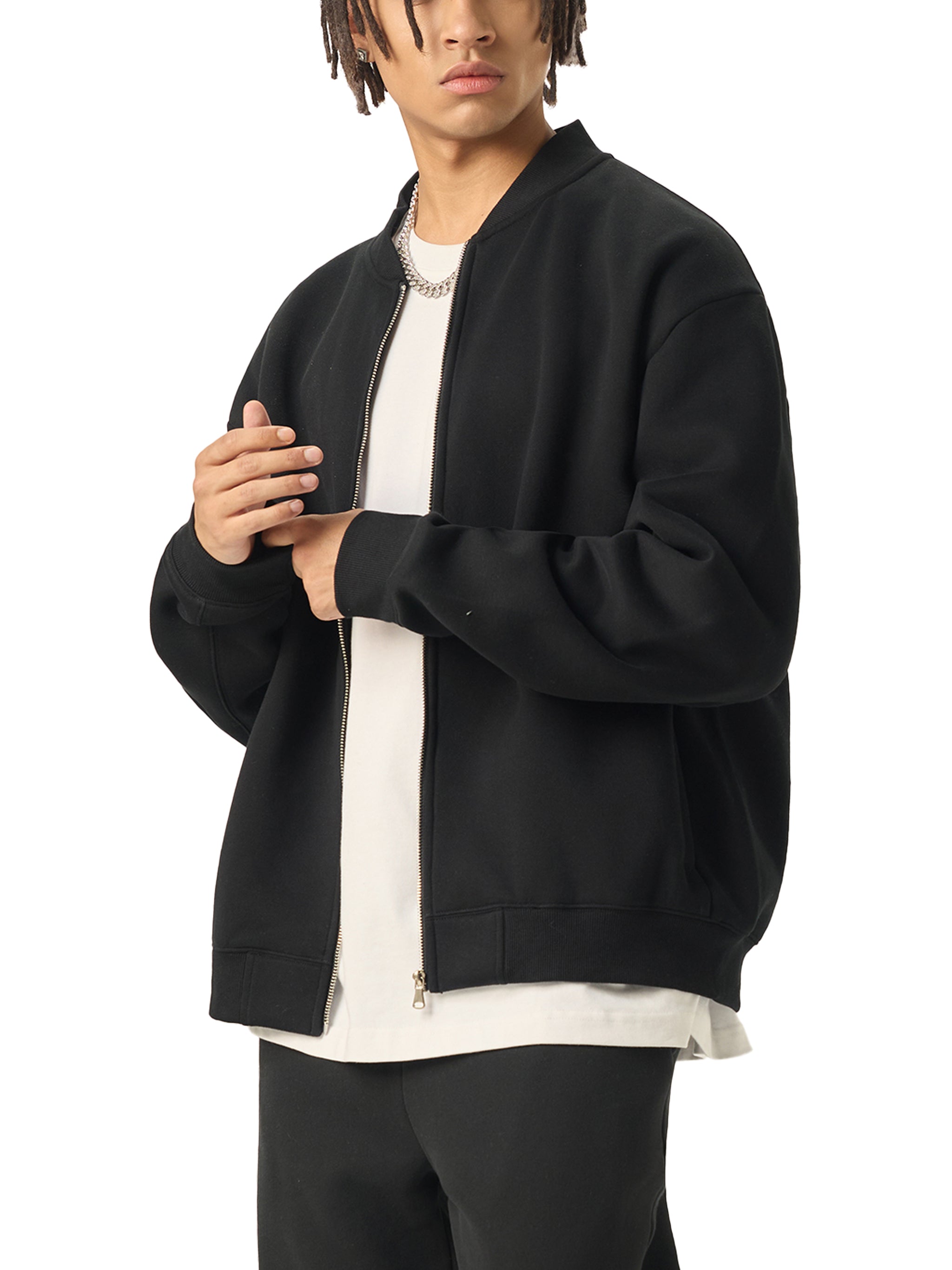 BLANKZ Clean Fleece Zip Jacket — Black, zip detail on model
