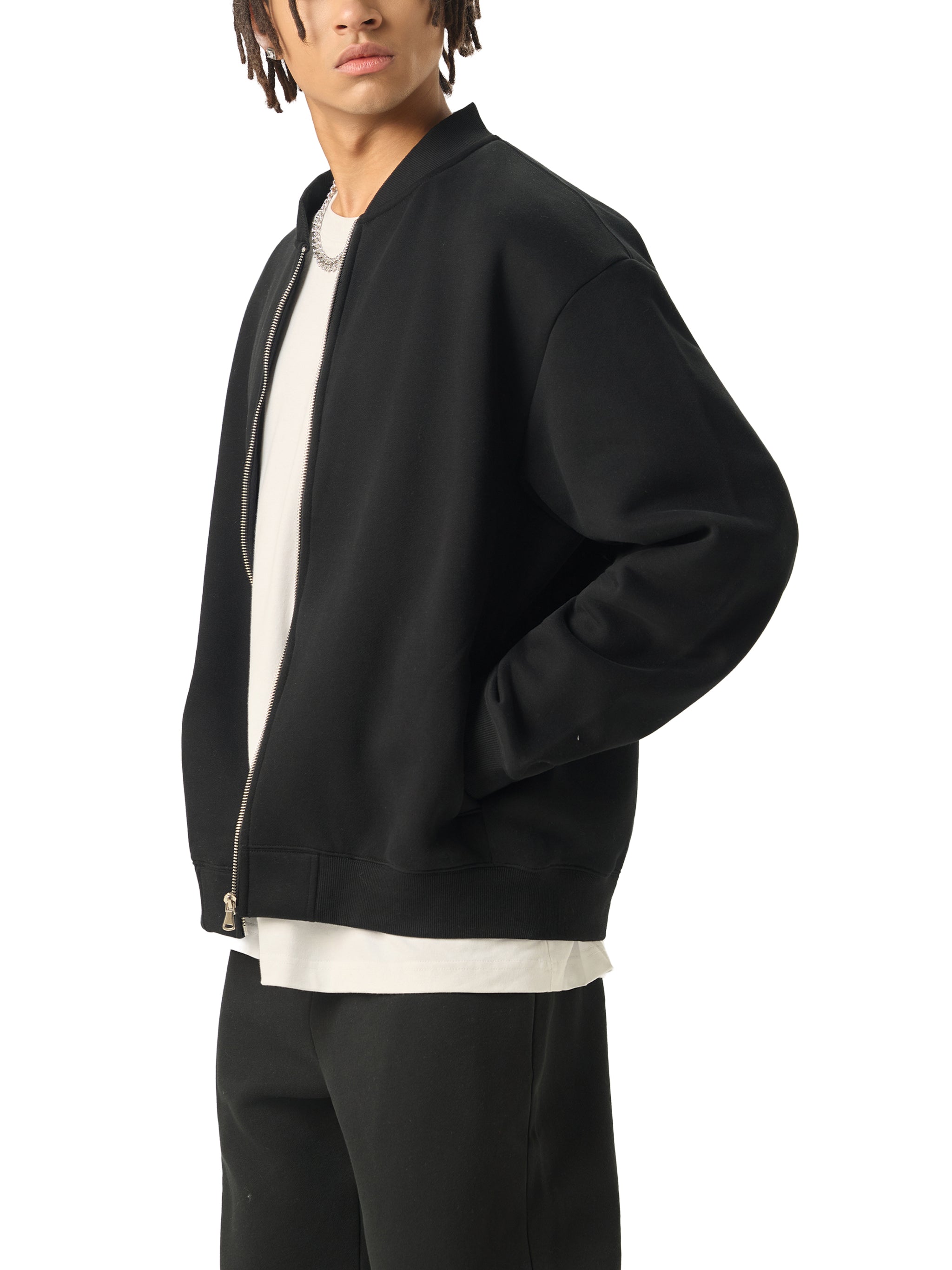 BLANKZ Clean Fleece Zip Jacket — Black, angled view on model