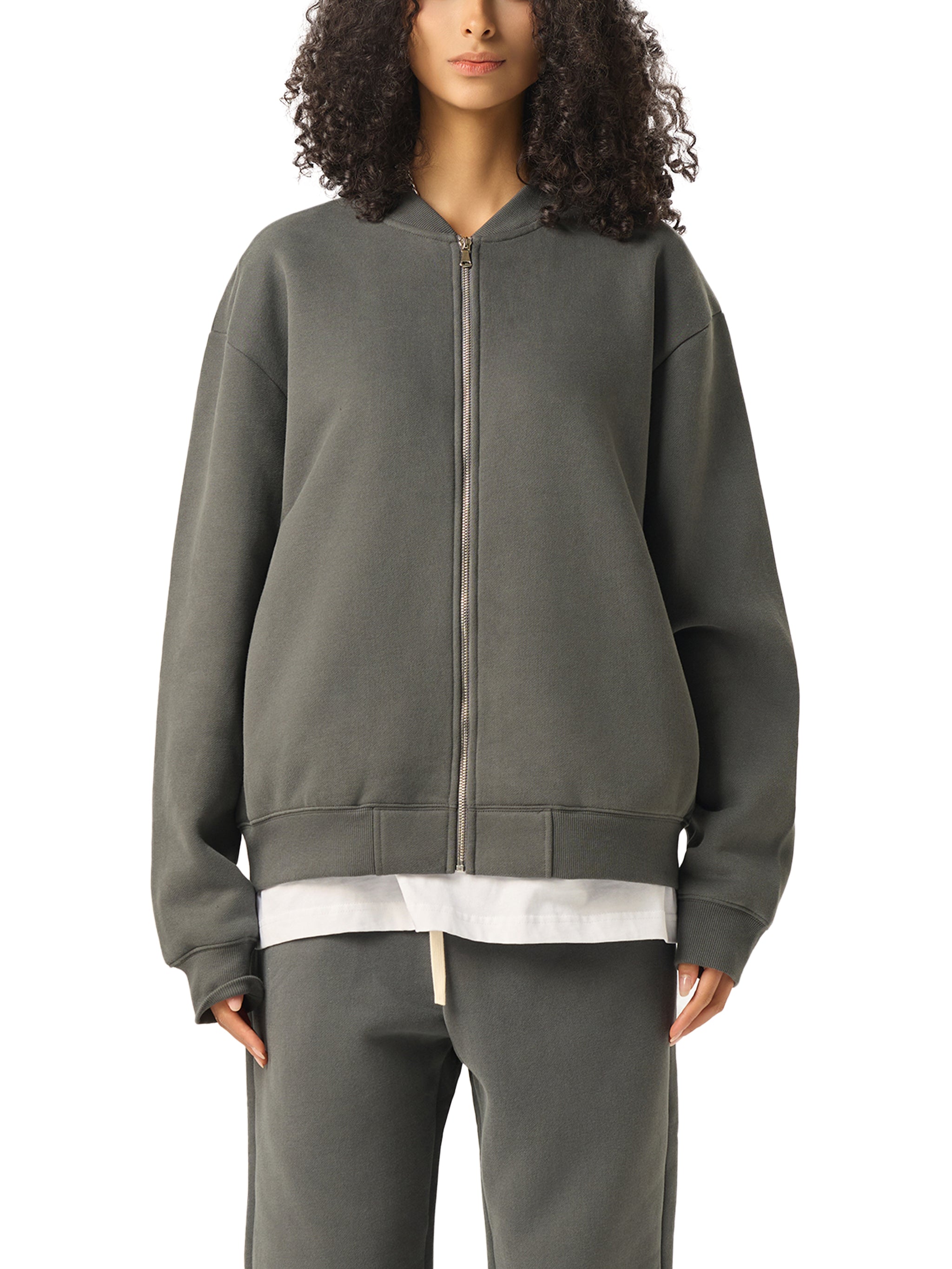 BLANKZ Clean Fleece Zip Jacket — Dark Gray, front view on model