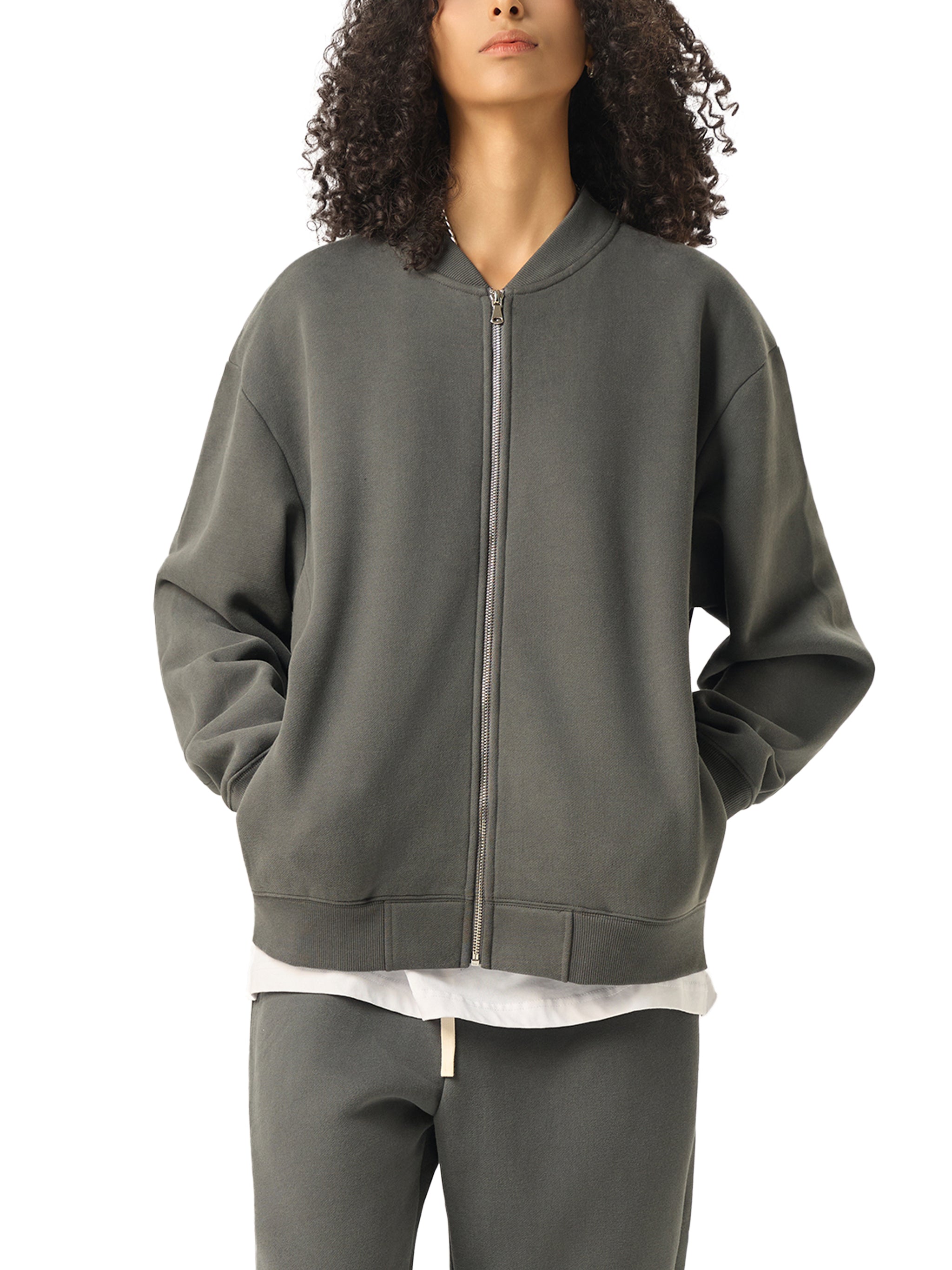 BLANKZ Clean Fleece Zip Jacket — Dark Gray, relaxed front view on model