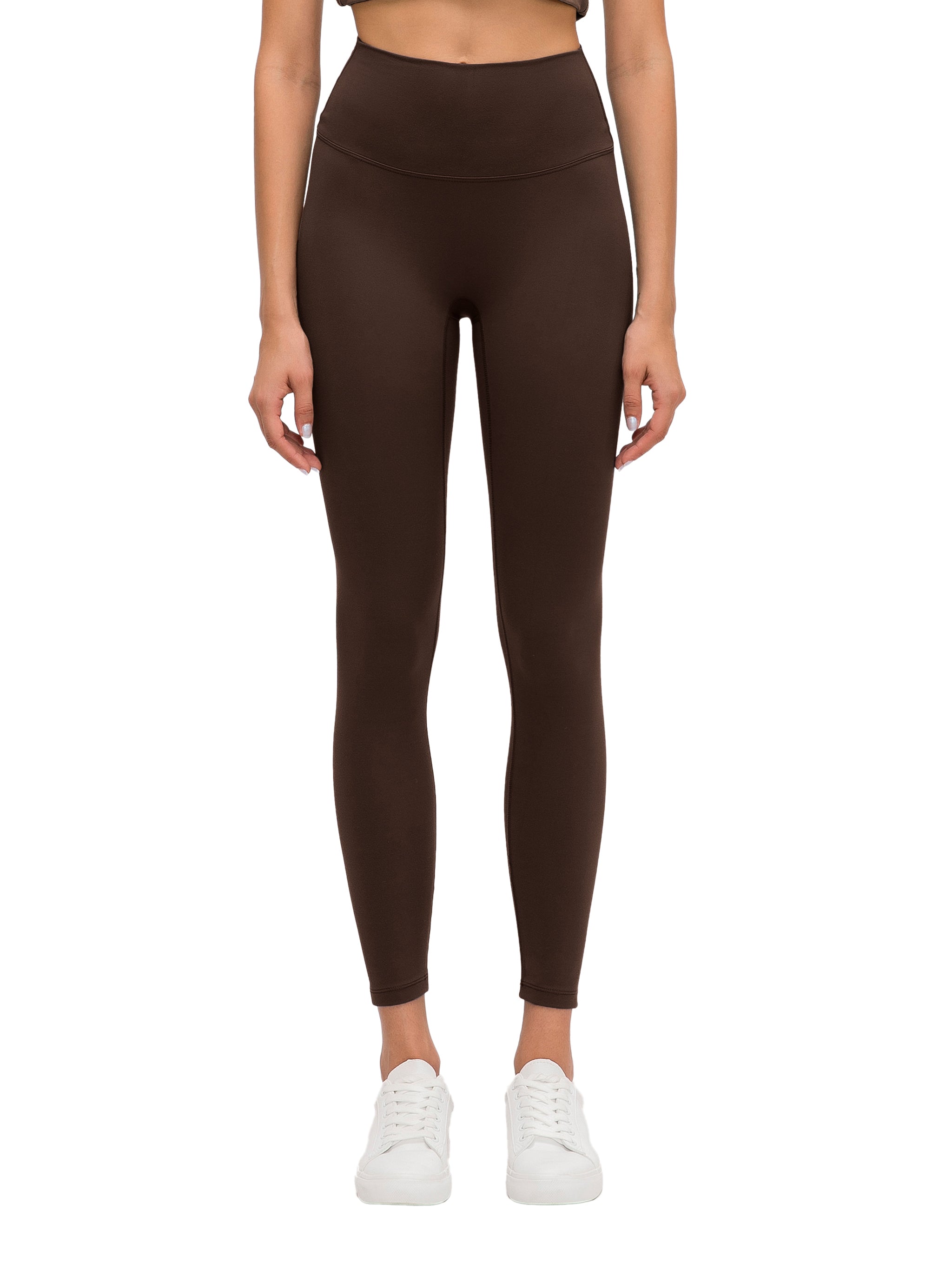 BLANKZ High-Waisted Yoga Leggings — Brown, front view on model