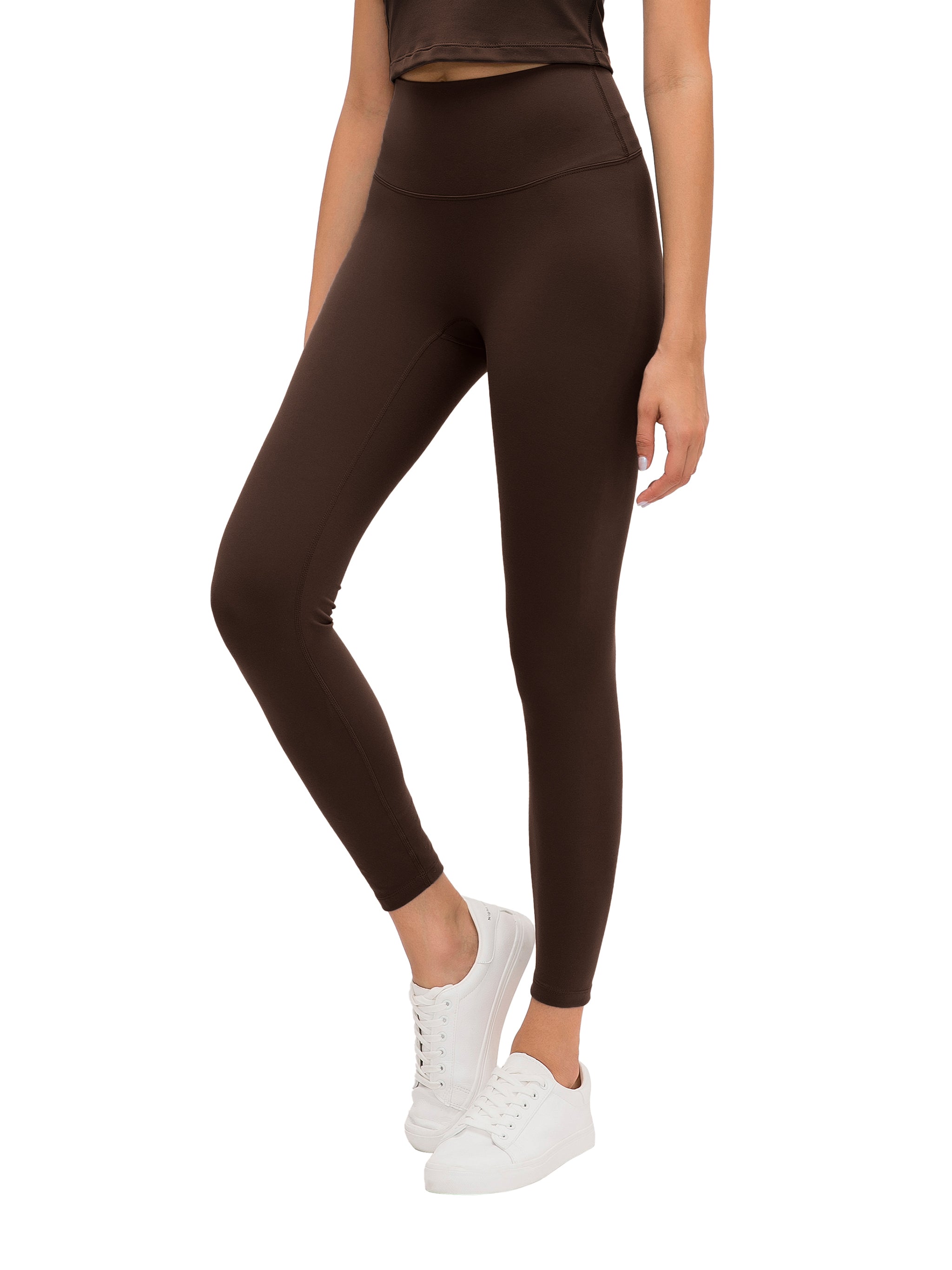 BLANKZ High-Waisted Yoga Leggings — Brown, angled front view on model