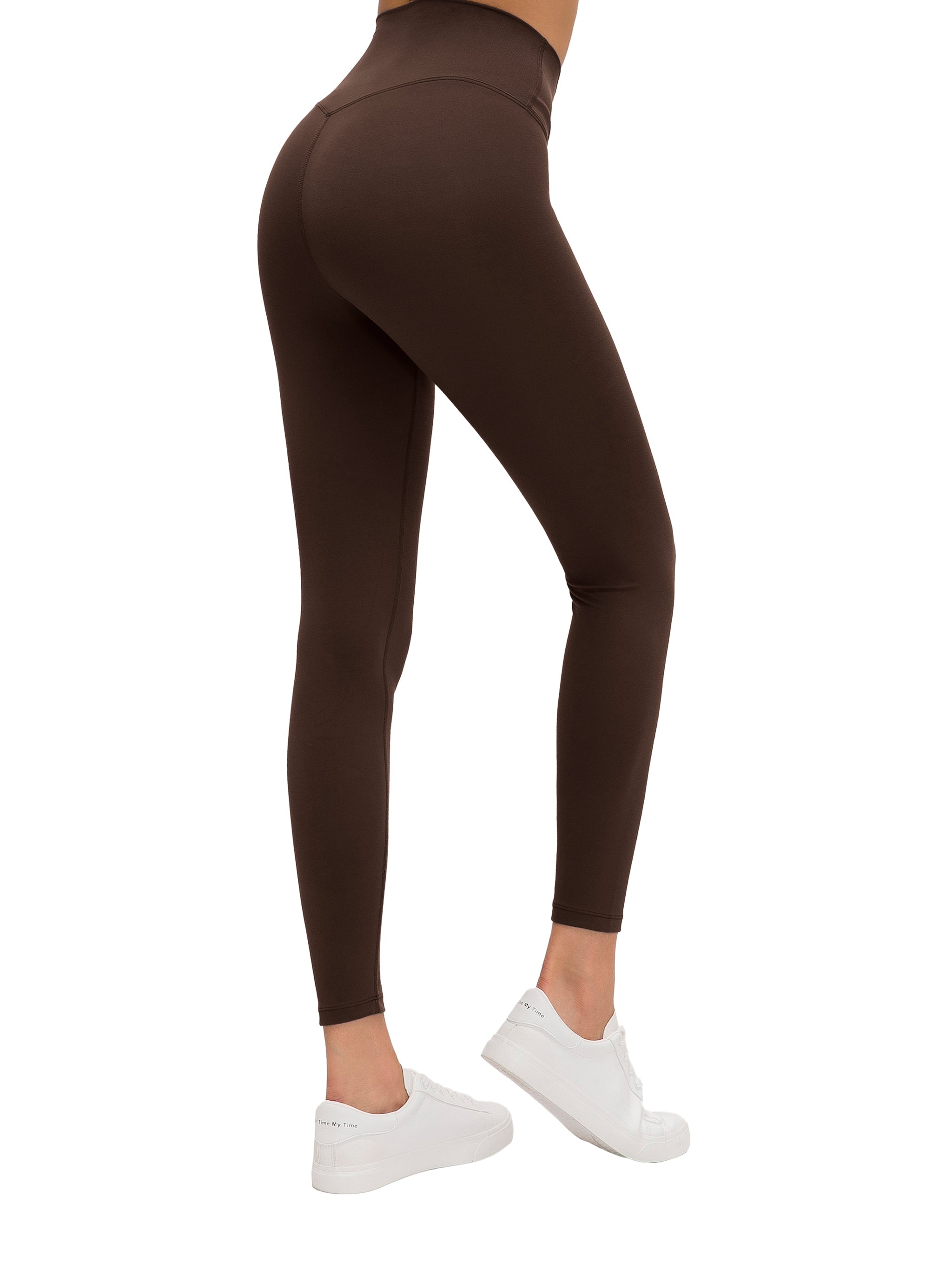 BLANKZ High-Waisted Yoga Leggings — Brown, back view on model