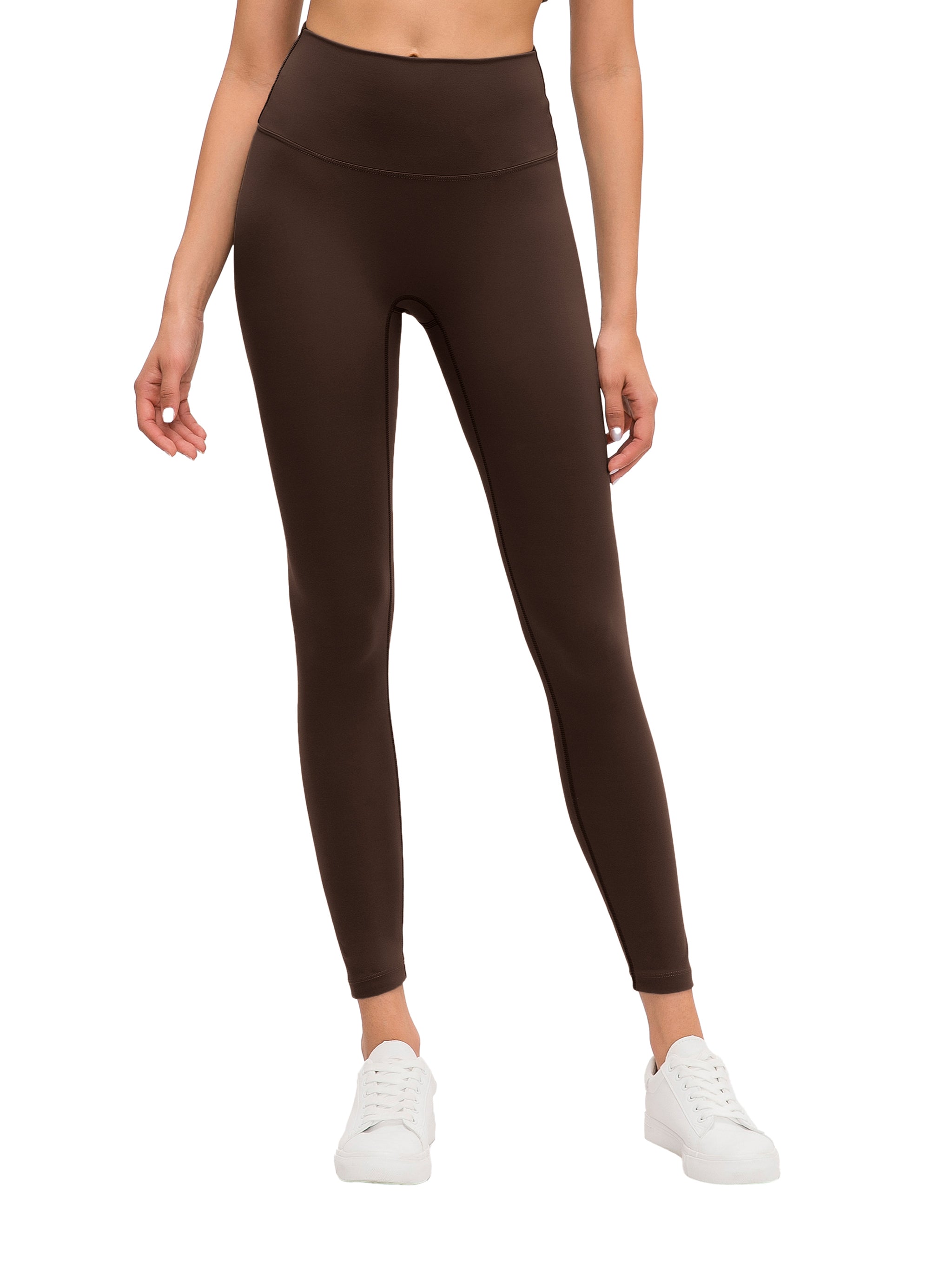 BLANKZ High-Waisted Yoga Leggings — Brown, relaxed front view on model
