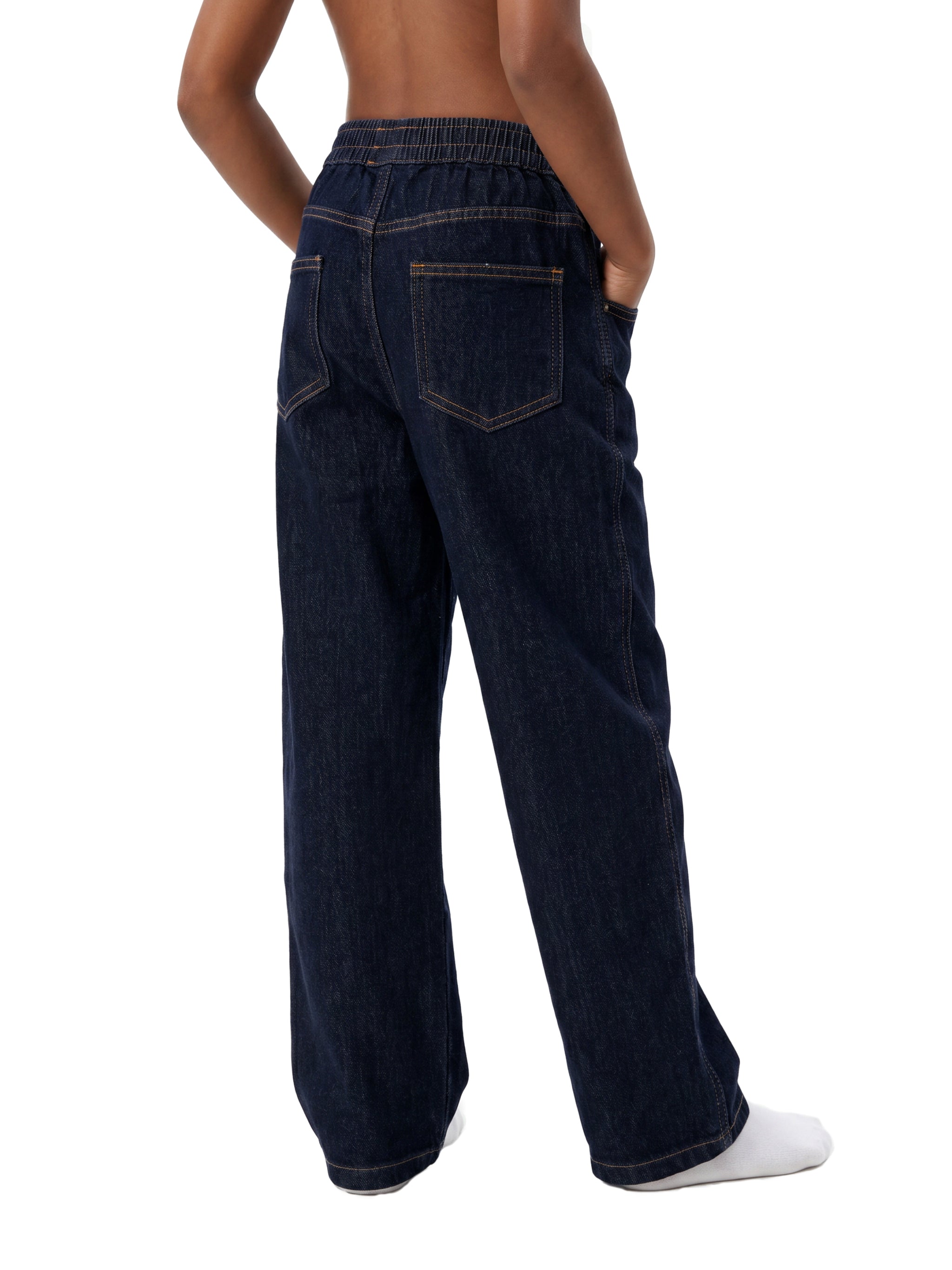 BLANKZ Kids' Straight Leg Elastic Waist Jeans — Dark Blue — rear pocket in worn view
