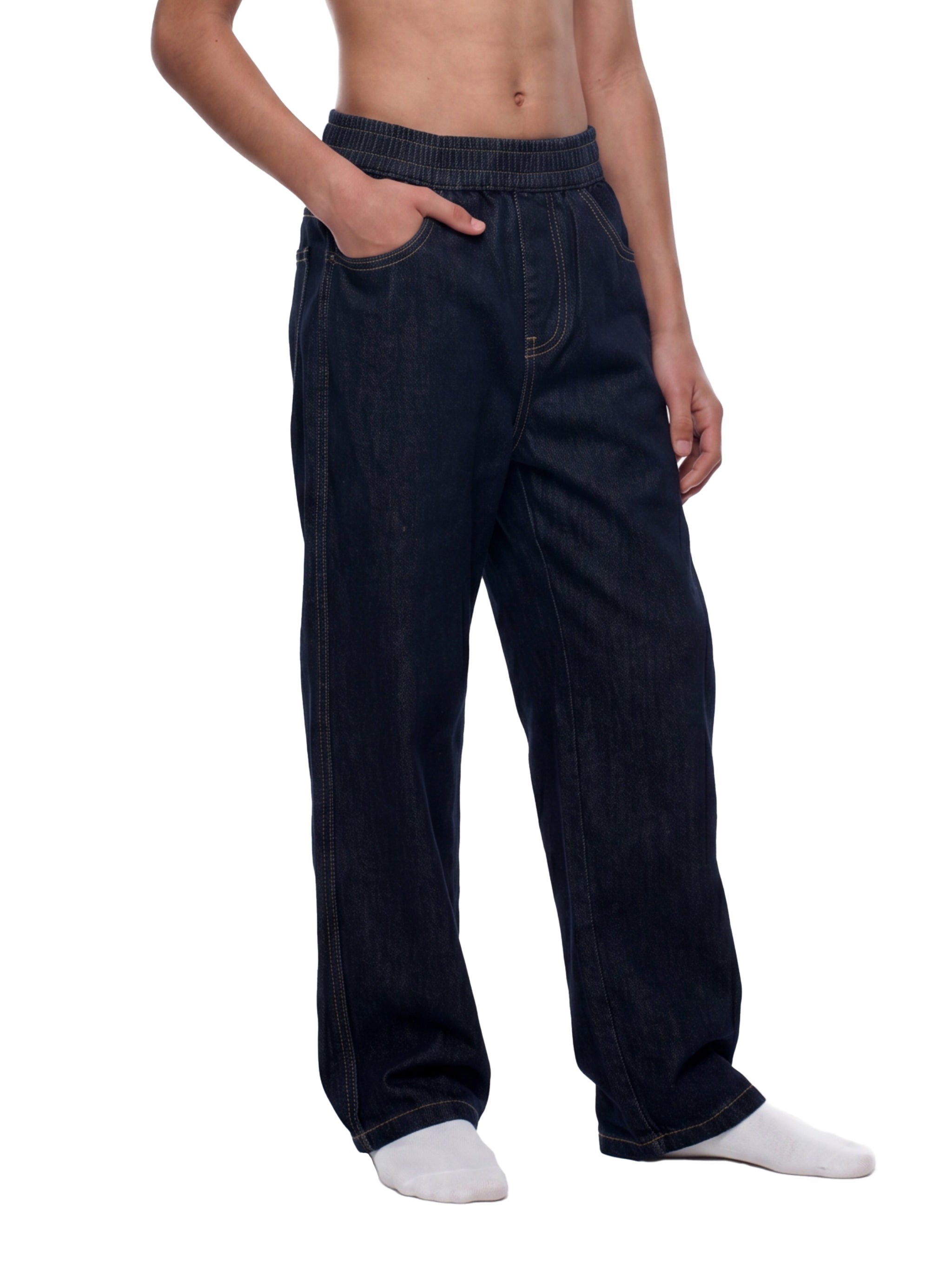 BLANKZ Kids' Straight Leg Elastic Waist Jeans — Dark Blue — angled front view with pocket