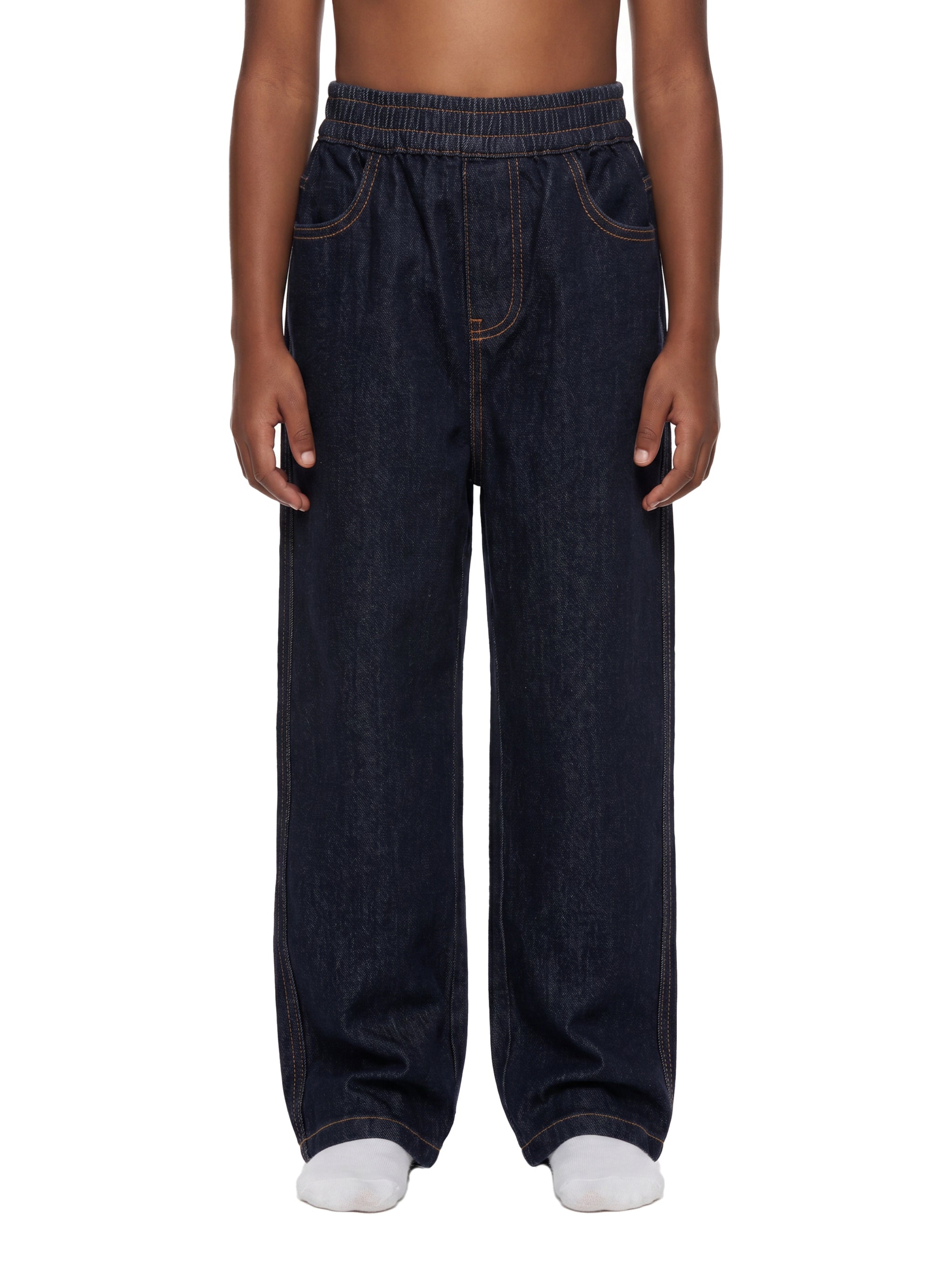 BLANKZ Kids' Straight Leg Elastic Waist Jeans — Dark Blue — second worn front view