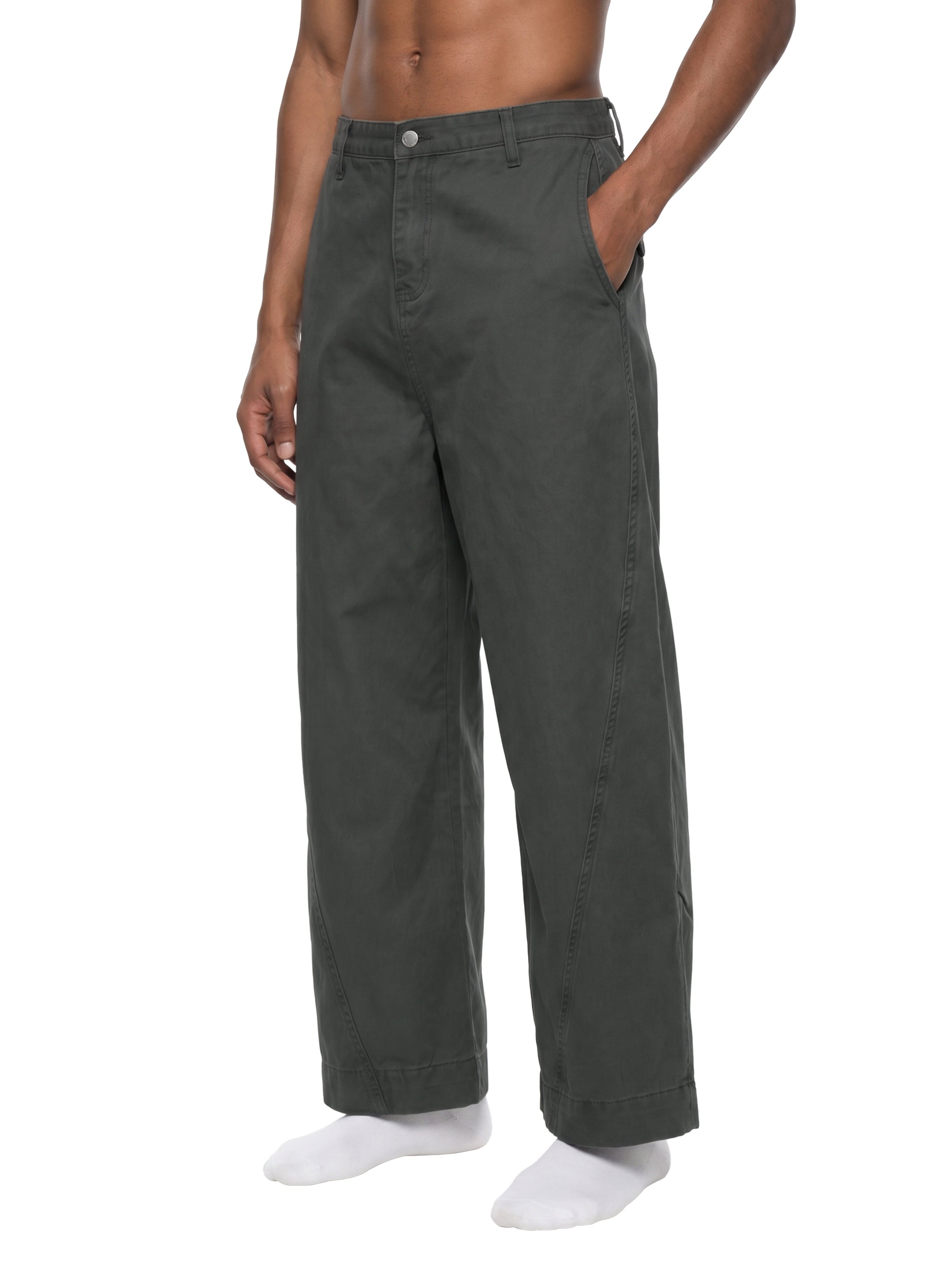 BLANKZ Structured Barrel Trouser — Dark Gray, angled front on model