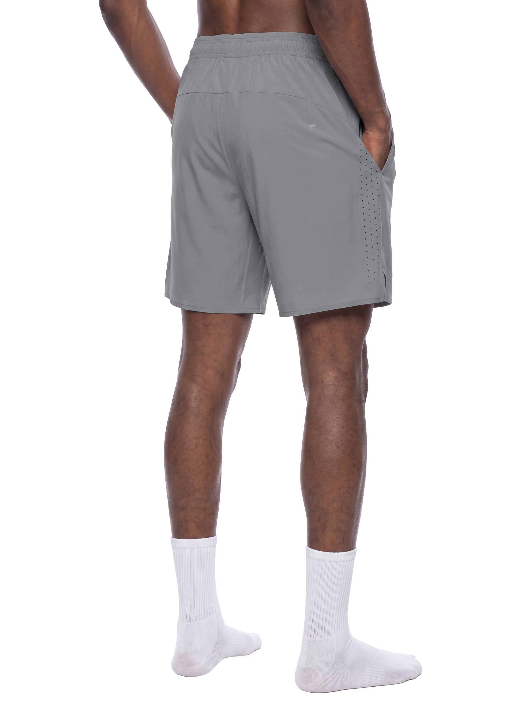 BLANKZ Regular Fit Performance Shorts — Light Gray, angled back on model